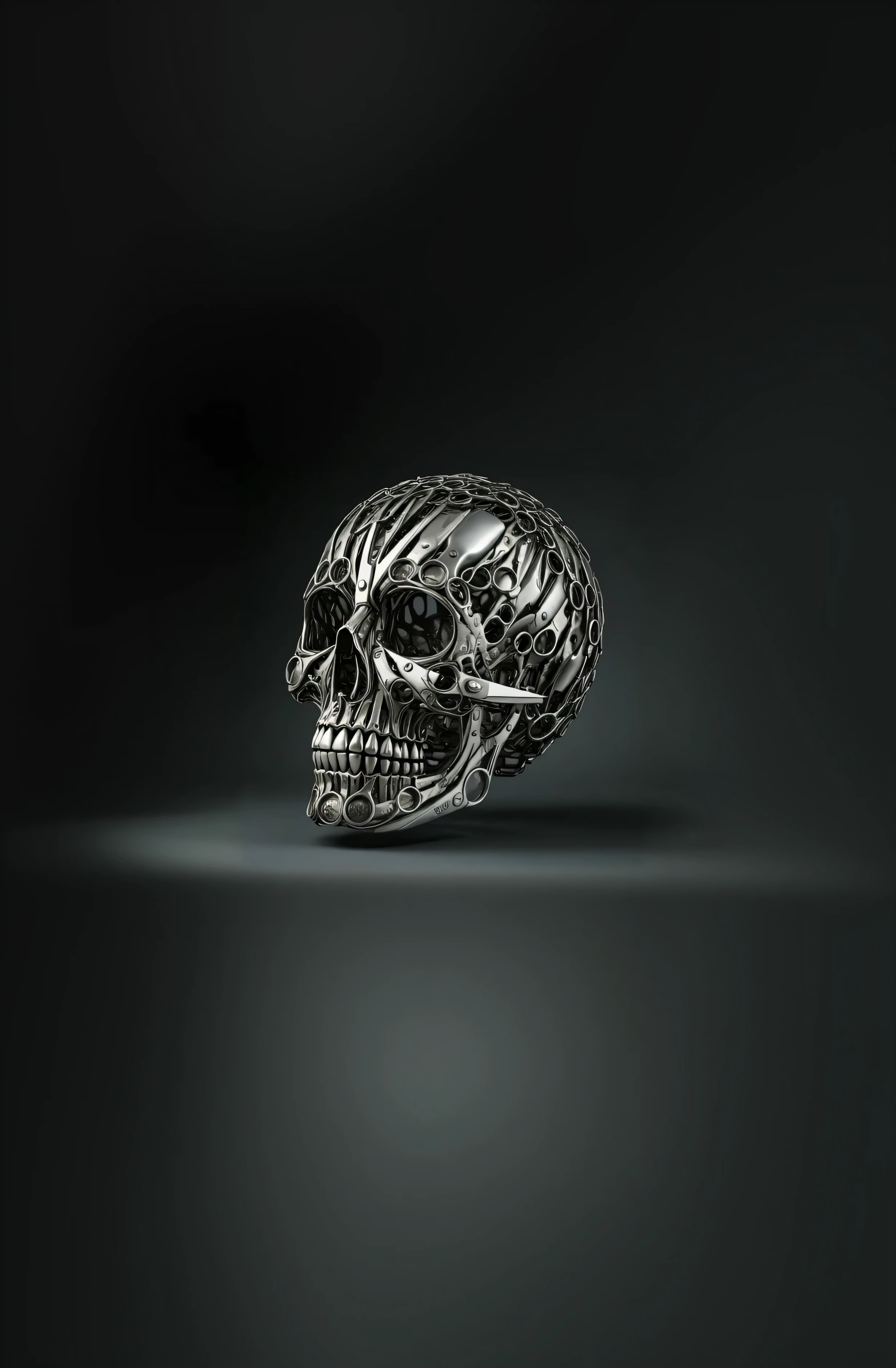 (masterpiece:1.3), (8K、photorealistic, Raw photo, best quality:1.4),A high-angle close-up shot of a silver skull ring, placed on a rugged black stone, surrounded by the soft reflections of water, with cool blue tones accentuating the polished metal, under subtle, diffused lighting, shot with a Nikon Z7 II, 50mm f/1.4 lens, monochrome palette with hints of icy blue