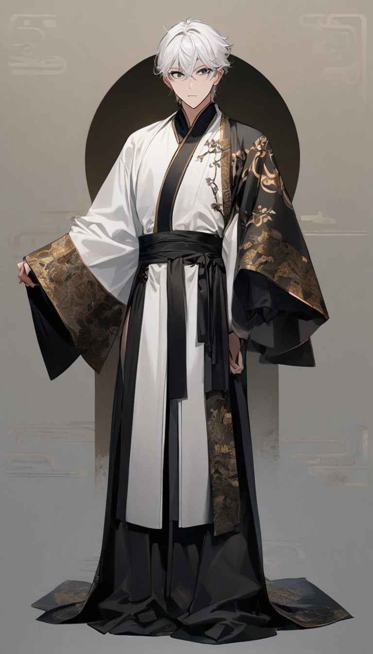 1 person, boy, Handsome,  Stunning Face , Perfect eyes,  slim figure, Young man,  crossed bangs ,  white hair , Black eye, Standing obliquely looking to the side,  from head to toe , ((whole body)), The right ratio(7.5), standing,  Chinese martial arts movie costume, Escort, A wary expression, 4K, Illustrated works