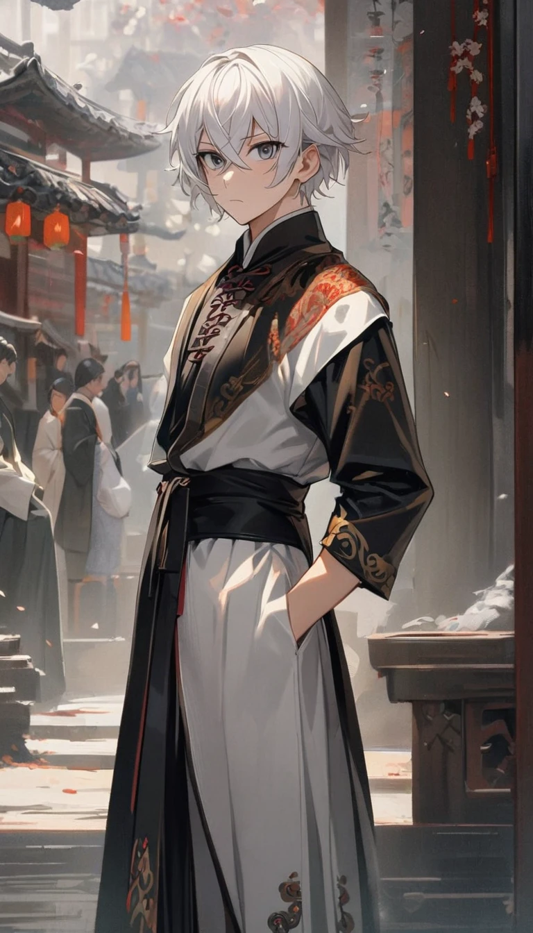 1 person, boy, Handsome,  Stunning Face , Perfect eyes,  slim figure, Young man,  crossed bangs ,  white hair , Black eye, Standing obliquely looking to the side,  from head to toe , ((whole body)), The right ratio(7.5), Chinese martial arts movie costume, Escort, A wary expression, 4K, Illustrated works