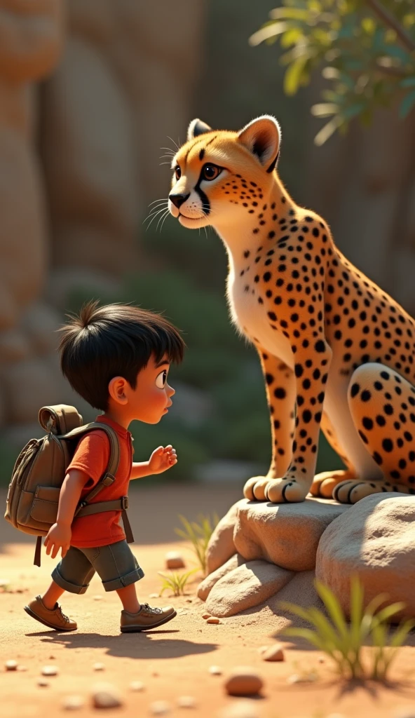 One boy and One cheetah and robot that was just looking