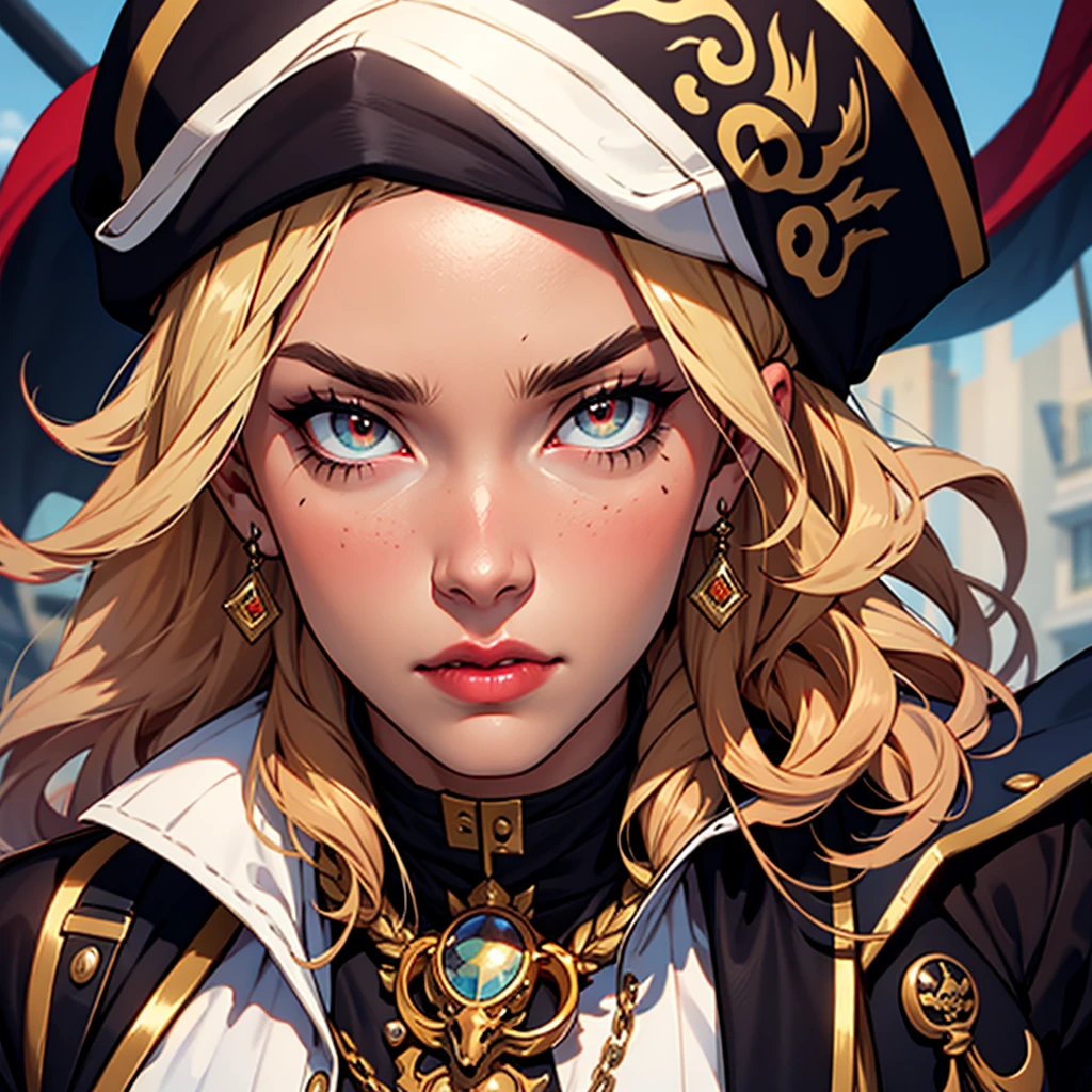 A beautiful and fierce pirate queen, long and light hair, olhos intensos, full red lips, wearing an ornate pirate captain&#39;s uniform, standing on the deck of your ship, ocean backdrop, dramatic lighting, film composition, highy detailed, comic style, details Intricate, stunning colors, dramatic shadows, temperamental atmosphere, (best qualityer,8K,high resolution,work of art:1.2),ultra detali,,cinematic lighting,battle pose, full body, dramatic expression,Elaborate costume,detailed ship in the background,stormy ocean waves