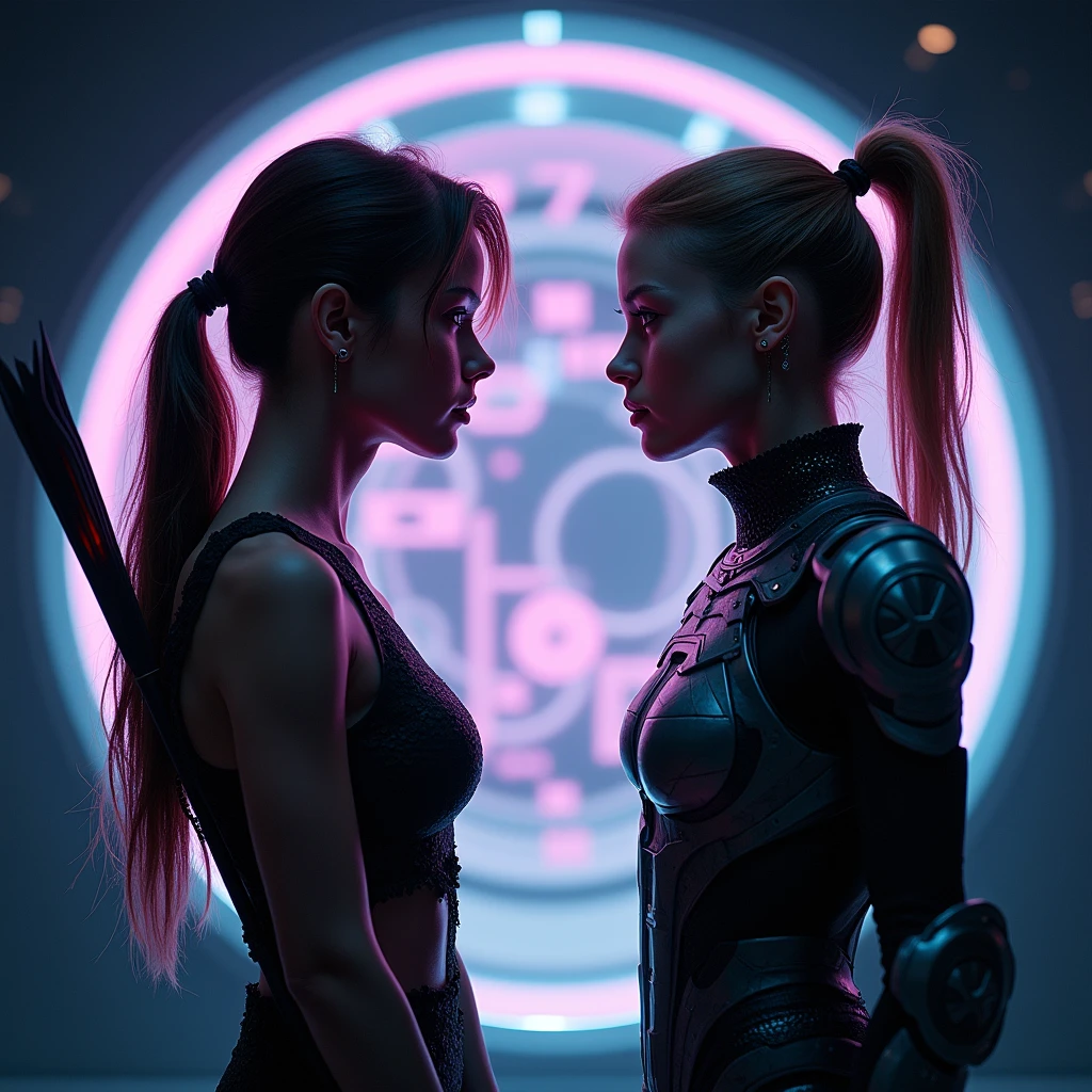 photorealistic images of 2 girls facing each other(face to face:1.5)separated by a portal between them, the first girl wearing a bark skin clothes with arrow on her back, the second girl wearing futuristic armor exo-suit, the portal is luminous circular shape solid metal with cuniform alphabeth, dramatic neon light and highly detailed