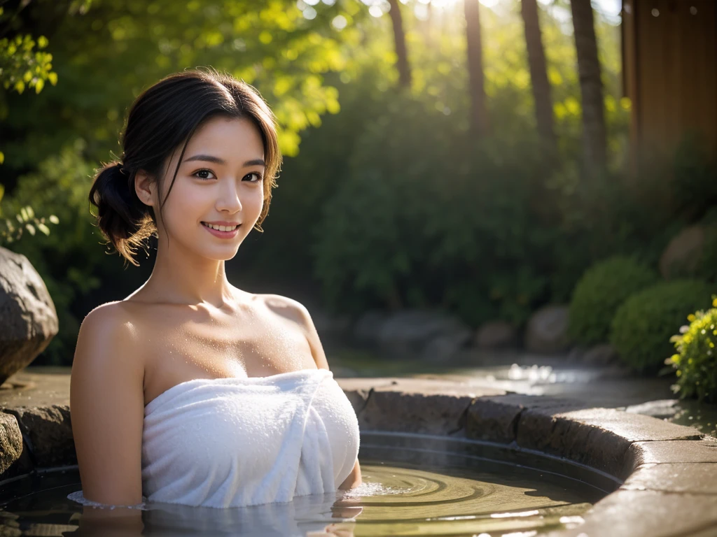 (8k, RAW photo, photorealistic, HQ, masterpiece), solo, a cute Japanese woman, (glowing eyes), 
(smile), ponytail, (Soaking in a large outdoor bath), (Wrap a bath towel around body ), ( Get in the hot water until breasts are covered), huge breasts, 
(outdoor very large bath in the woods, Lots of steam, open air Onsen, rotenburo ), Depth of field rally background, backlighting, 