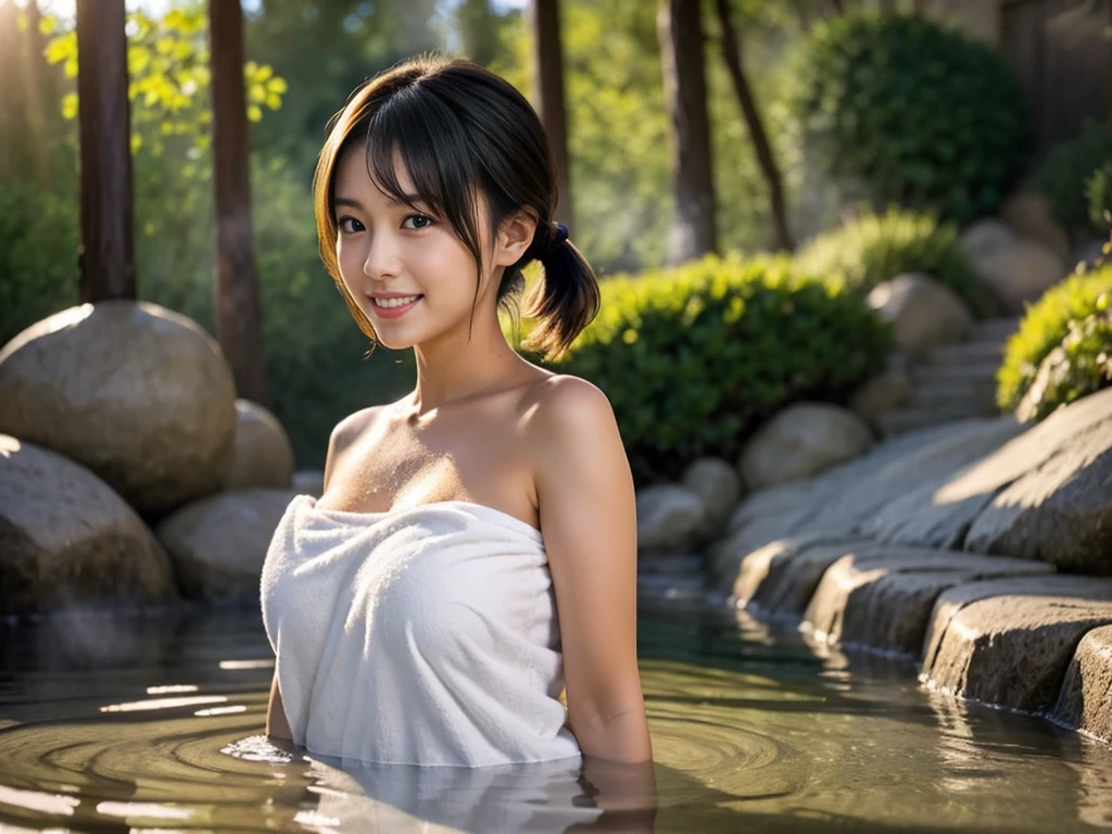 (8k, RAW photo, photorealistic, HQ, masterpiece), solo, a cute Japanese woman, (glowing eyes), 
(smile), ponytail, (Soaking in a large outdoor bath), (Wrap a bath towel around body ), ( Get in the hot water until breasts are covered), huge breasts, 
(outdoor very large bath in the woods, Lots of steam, open air Onsen, rotenburo ), Depth of field rally background, backlighting, 