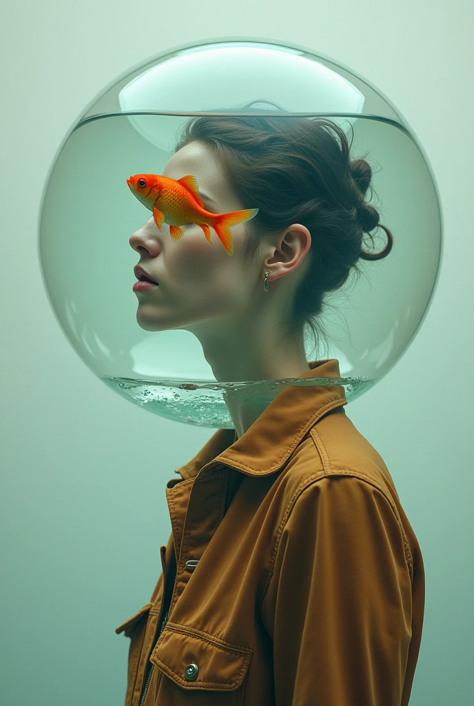 (Adult woman:1.6), (swimming a round aquarium on his head full of water and goldfish:1.3) (polyvinyl Jacket With Rivets:1.3), best quality, sunlight, detailed face, gorgeous eyes, realistic skin details, high quality, seen from below, , high quality, film grain, Cinematic Light, sidelighting, sharp focus
