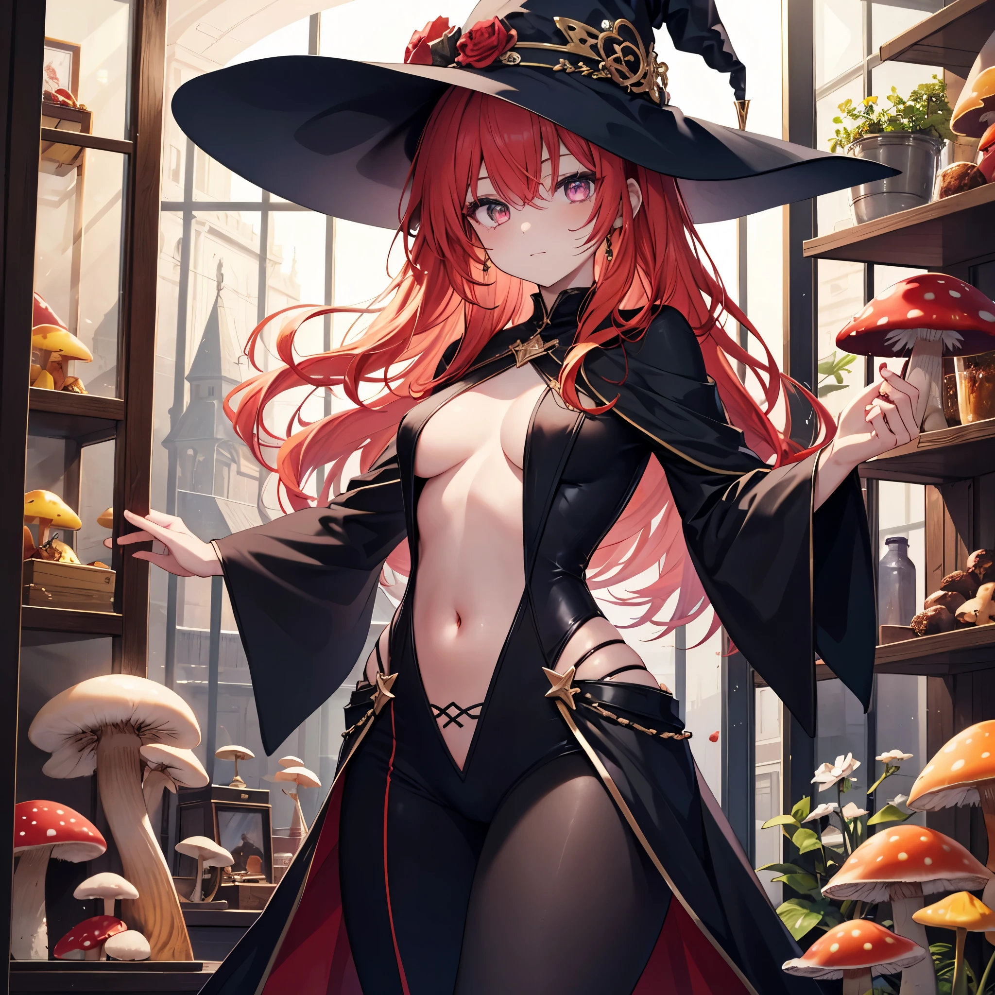 nsfw, masterpiece, 1 girl, erect nipples, intricately detailed, topless, navel, black skirt, bare shoulders, necklace, night, witch hat, erect nipples, puffy nipples, extremely detailed, photorealistic, octane render, 8 k, unreal engine, bare breasts, nipples, bare stomach, sweaty, moist breath, small breasts smiling, collarbone, wet body, saliva, drooling, pink hair, ray of lights, encore, green eyes, holding wizard staff, embarrassed, forest, trees, grass field, long skirt, waist pouch, sarong, jeweled staff, elbow gloves, long hair, hoop earring