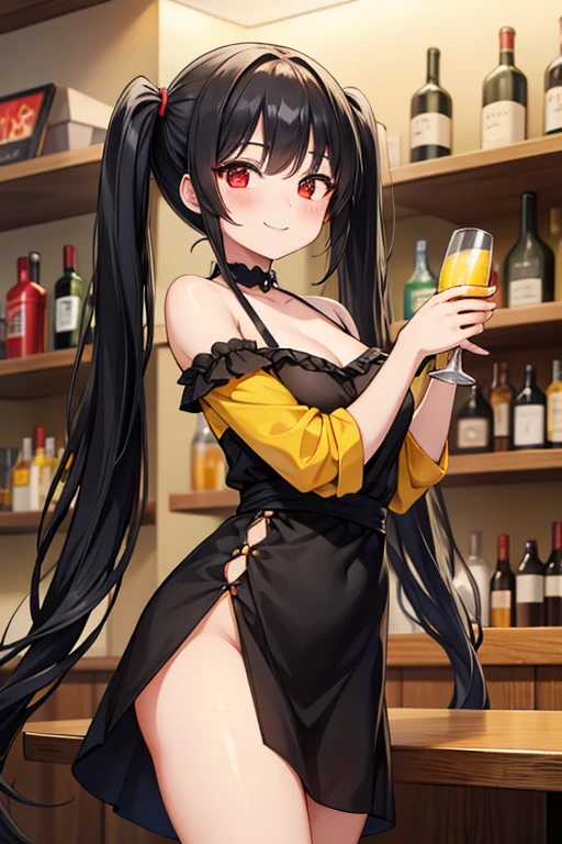 Older woman, age 16,Black hair with pink highlights,Don't tie your hair.,bright pink eyes,Bright face,Perfect face,perfect body,tan skin,C cup breasts,Leotard,Dress,black dress,tight dress,voluptuous,holding a wine glass,,in a bar,The lights are dim.