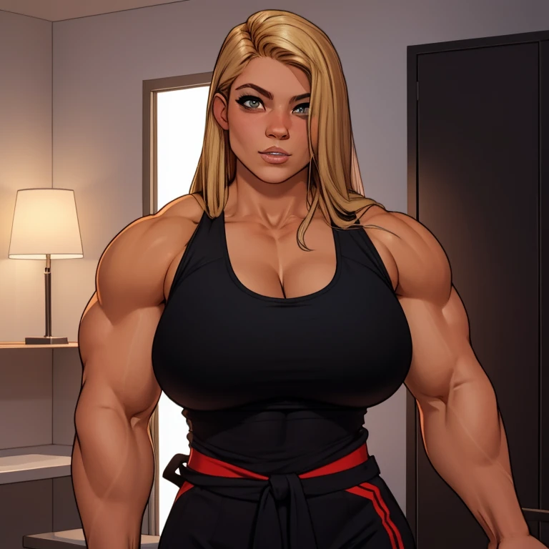 Best_QualityPos, RAW photo, intricate details, best quality, 8k uhd, cinematic lighting, 1girl, solo, Dunja Bitar, long hair, blond hair, brown eyes, black tank top, huge muscular female with ((HUGE BREASTS)), really tanned skin