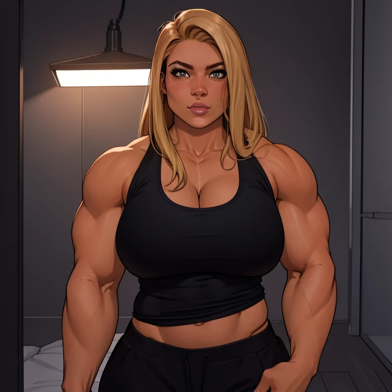 Best_QualityPos, RAW photo, intricate details, best quality, 8k uhd, cinematic lighting, 1girl, solo, Dunja Bitar, long hair, blond hair, brown eyes, black tank top, huge muscular female with ((HUGE BREASTS)), really tanned skin