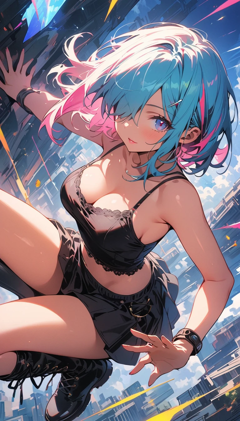 best qualityer,tmasterpiece,Ultimate resolution,downy,Extremely colorful,Colorful,waters,Sexy beauty,Short blue-green hair,blue bikini,huge tit,Crop topping,short skirt,Bare legged,(Kneeling pose),sandals,Blue manicure,Normal posture