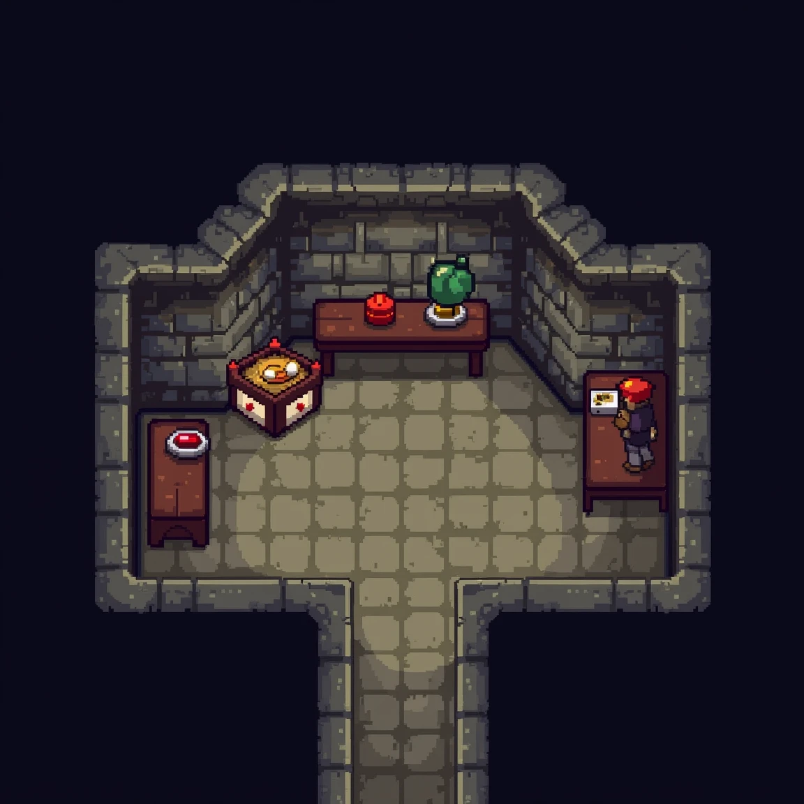 Top-down pixel art of a dungeon room, flat walls with shadows directly beneath items like chests and tables.