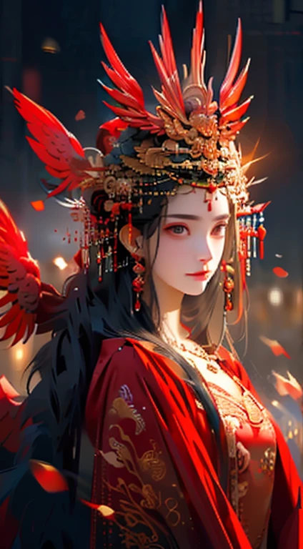 Photorealuim extreme realistic, 1girl, solo, wing blowing browm long hair, petals, falling petals, jewelry, dress, lunar hair ornament, red mate dress, high detailchinese clothes, long hair, bracelet, long sleeves, hlowing red eyes, braid, forehead mark, closed mouth, looking at viewer, facial marksmile,pretty face,exquisite facial features,8k