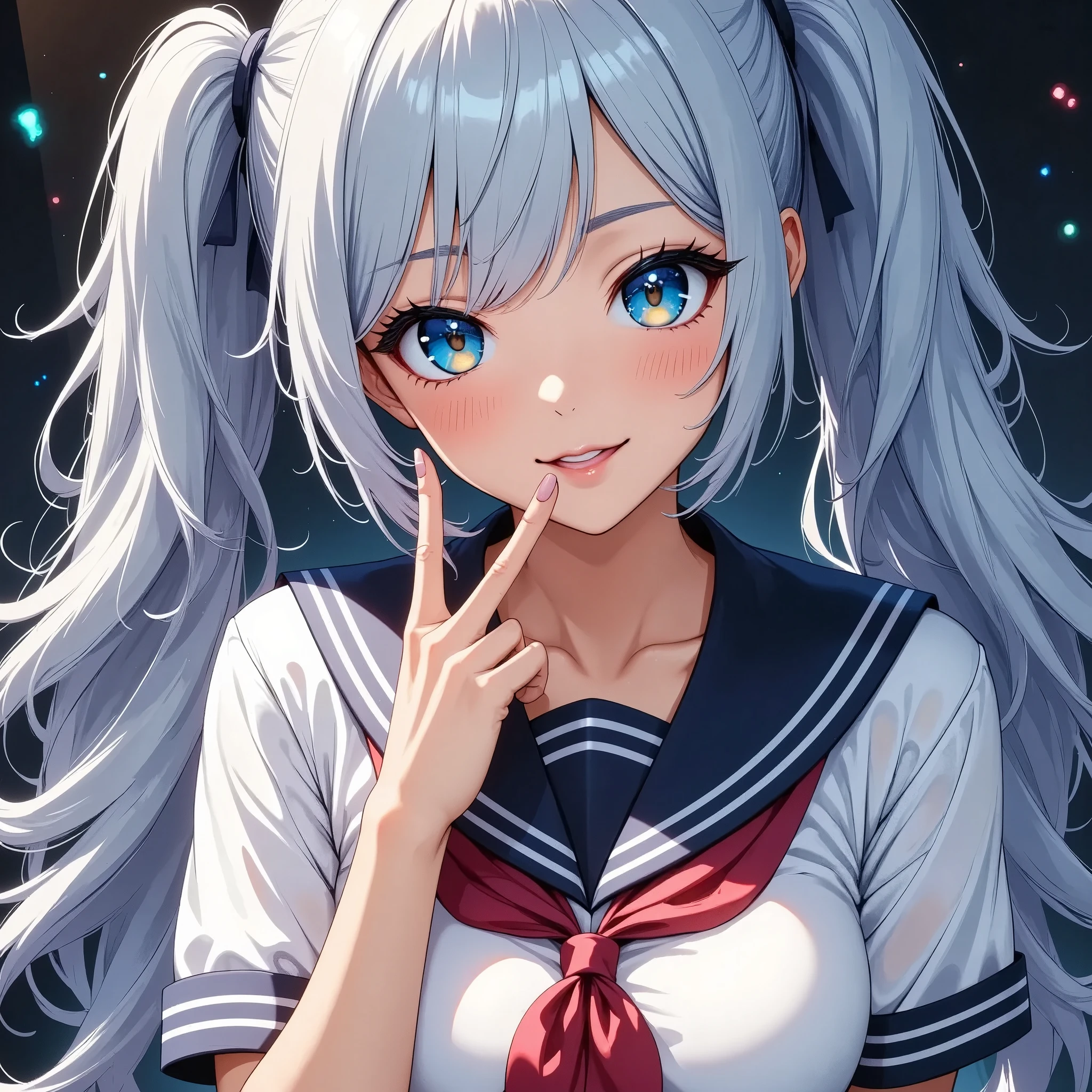 Beautiful woman,  1 girl,  Face Closeup , Attractive body, JK, (((smile,  light blue hair:1.2,  long twin tail ))),  sailor suit, (( hand sign next to face, V :1.8)),  very detailed face , Lip details,  beautiful eyes, double eyelid, Best Quality, 4K, masterpiece.