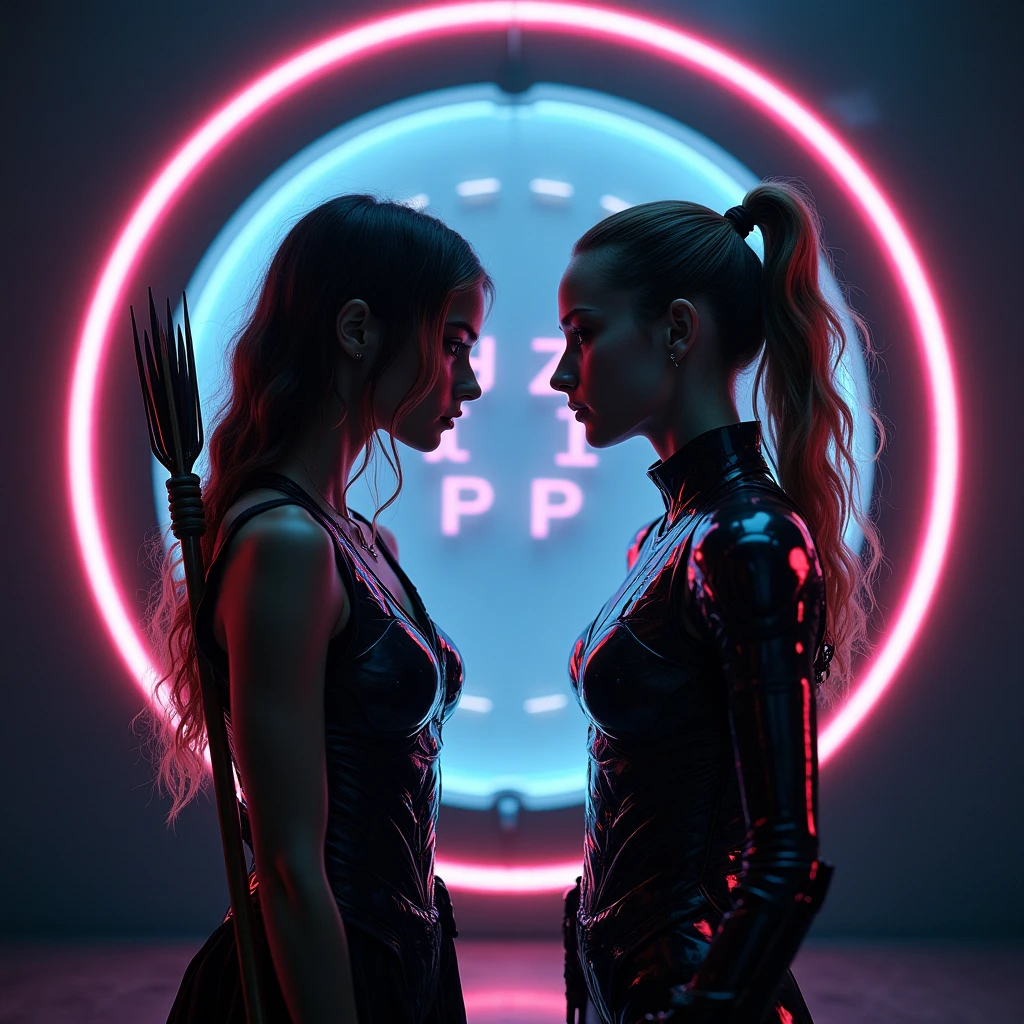 photorealistic images of 2 girls separated by a portal between them,facing each other(face to face:1.5), the first girl wearing a bark skin clothes with arrow on her back, the second girl wearing futuristic armor exo-suit, the portal is luminous circular shape solid metal with cuniform alphabeth, dramatic neon light and highly detailed