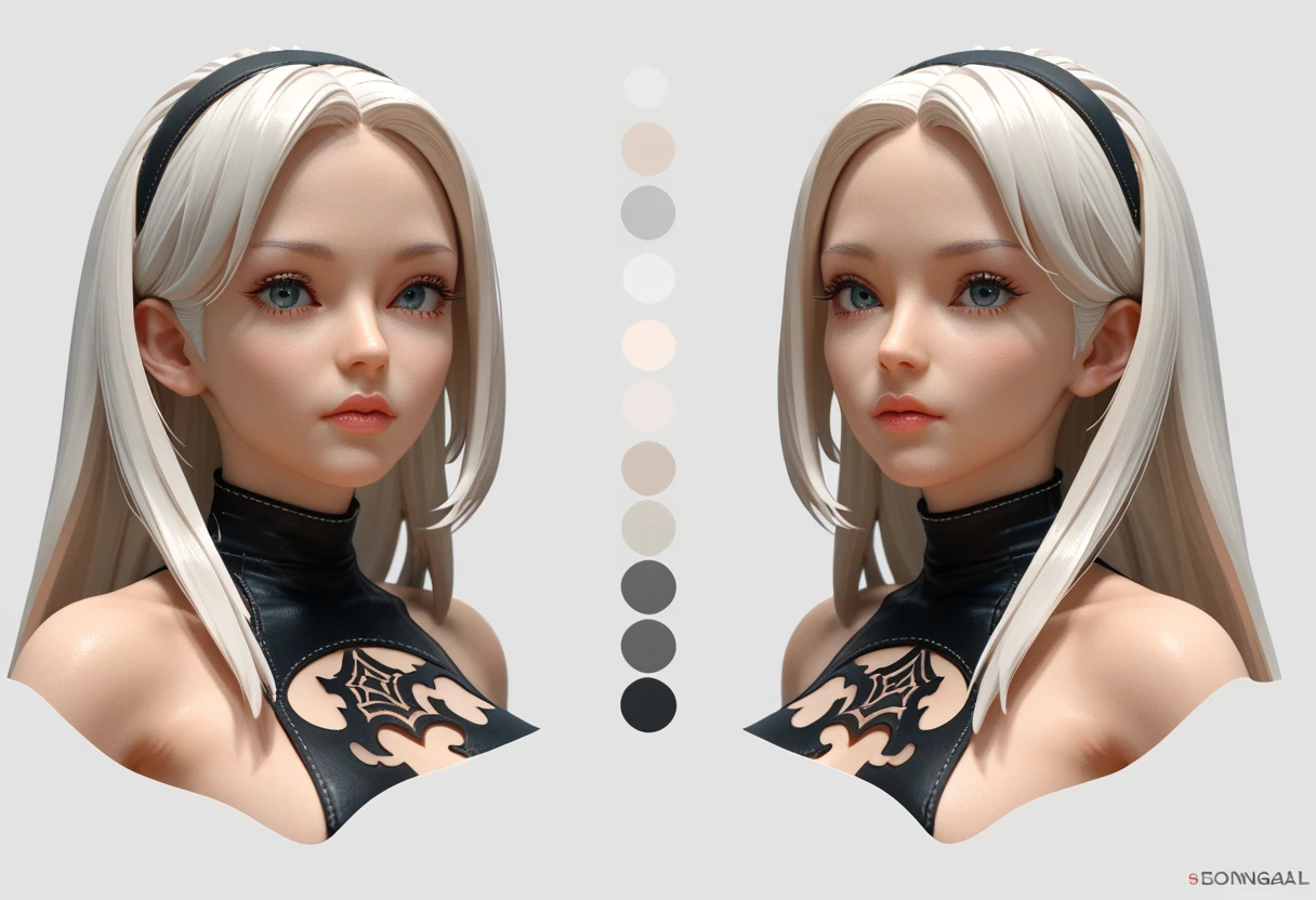 character sheet desing lady 2b from nier automata, only head. beauty face, perfect proportion, beauty, ultra detailed face. view: front view and (orthogonal side view) . (only head view) 2 views. beauty eyes. (((orthogonal views))), no perspetive only orthogonal views. straight head, orthogonal view. symmetry. only 2 views. top view, back view. bottom view (cenital), only orthogonal views. 3d model style