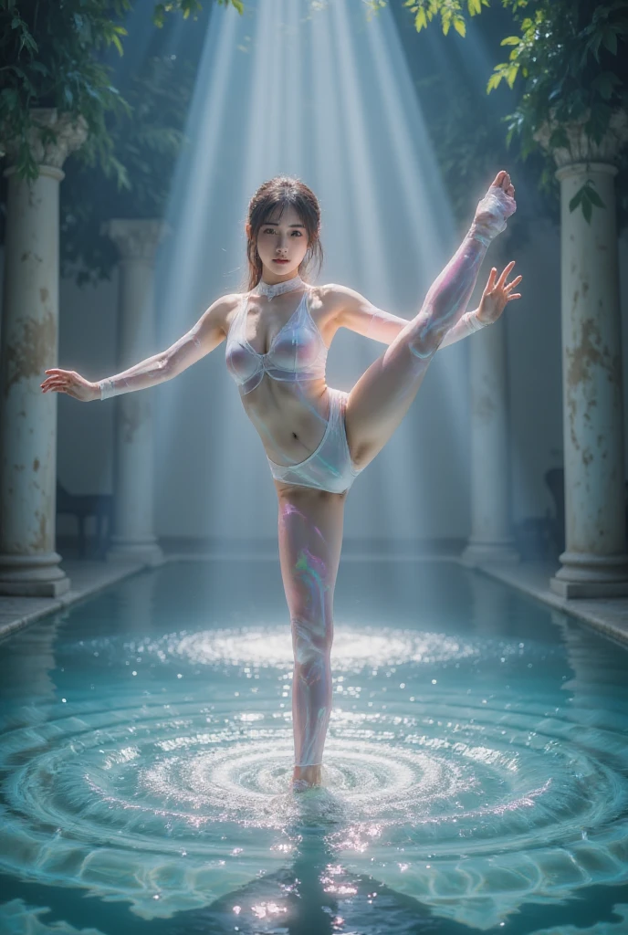 （（（（（Standing Splits）））））， Transparent tights，Mechanical Girl，Full body photo，In the water,  fantastic colors, close up, Light refracts into water ,  reflective transparent iridescent color,Soft Lighting/ Soft Light, high detail,  Ultra HD