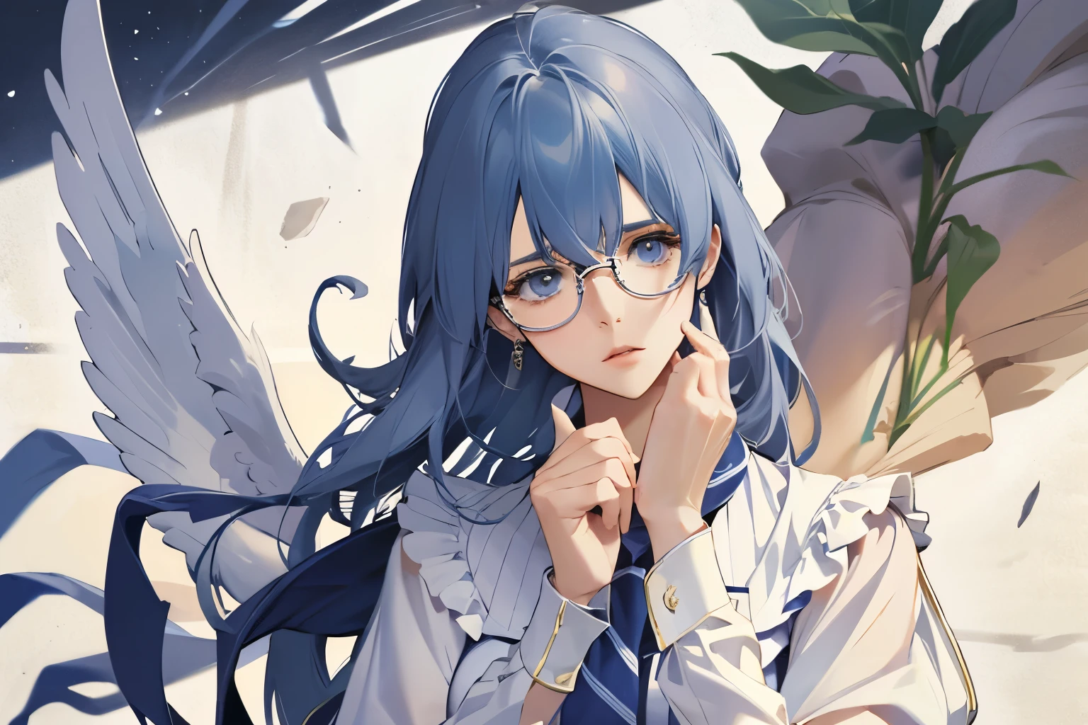 Librarian teacher  、  beautiful mature goddess 、 looking pensive doing research 、Wear Underrim Glasses、Look away 、 wearing a stylish, formal collared white blouse、Have a biologically correct body、   biologically correct hand shape 、