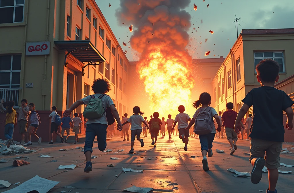 Create an image of a story where you see a city full of angry children and a big gray cloud.
