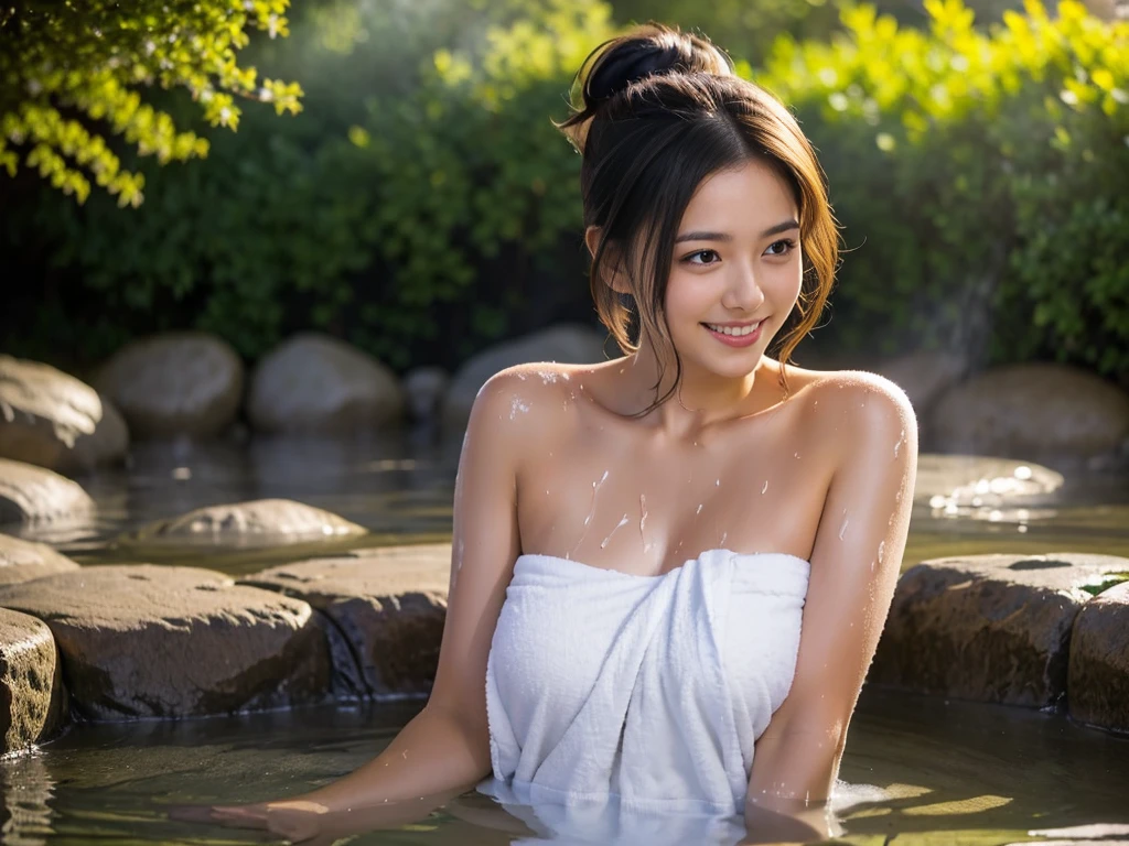 (8k, RAW photo, photorealistic, HQ, masterpiece), solo, a cute Japanese woman, (glowing eyes), 
(smile), ponytail, (Soaking in a large outdoor bath), (Wrap a bath towel around body ), ( Get in the hot water until breasts are covered), huge breasts, ( Sweating:1.4), 
(outdoor very large bath in the woods, Lots of steam, open air Onsen, rotenburo ), Depth of field rally background, backlighting, 