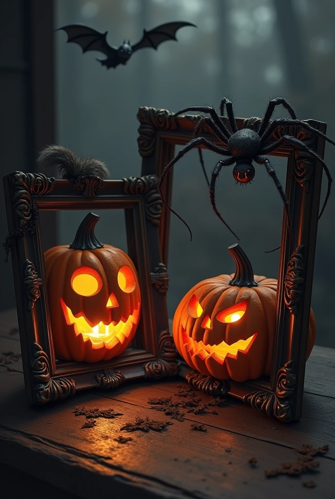 I want a frame made of a tree trunk. I want a square frame with very thick edges. I want it to be in the middle and have a Halloween pumpkin in the left corner but not overflow the frame. I want a Halloween forest and bats in the background..And the frame size should be medium.Let the picture be sideways