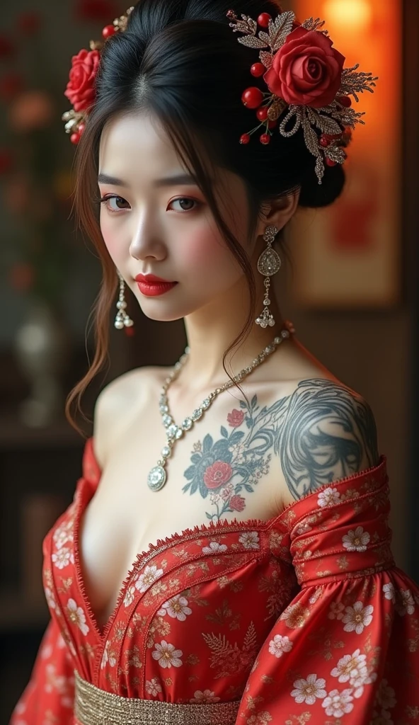 A woman holding an orange cat,Wearing an ink-painted cheongsam,The fullness and enchantment of the mature woman are undoubtedly revealed,A well-maintained beautiful face is firm and fair,With light makeup,The temperament is quiet and elegant,semi transparent, gigantic breasts, showing cleavage, full body shot camera angle, lotus tattoo on forehead, sexy body: 1.4, Slim abdomen: 1.2, sitting on chair, gigantic deep cleavage, open shirt,