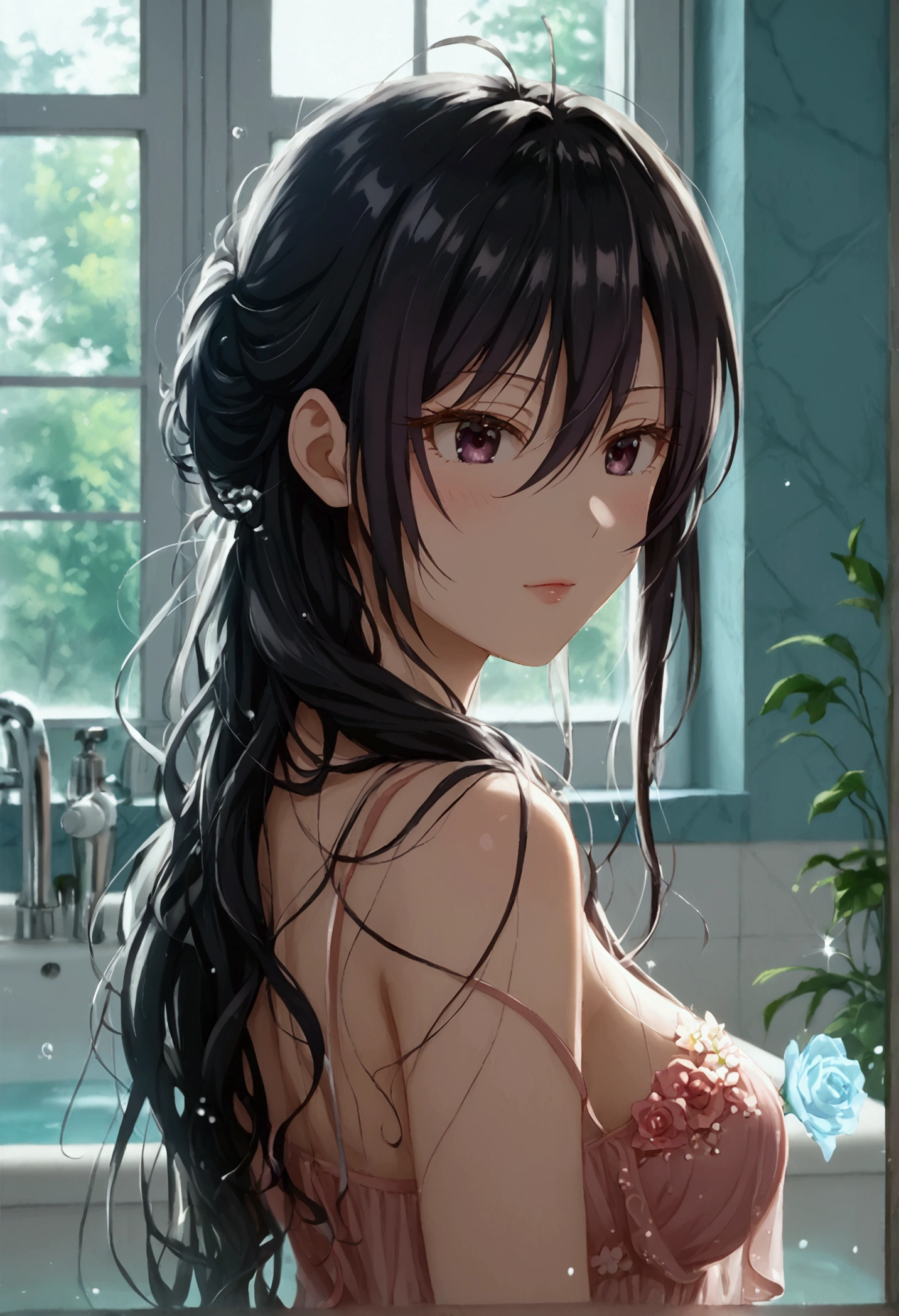 1girl, photography, Bathroom, Beautiful,long hair,Ayano Kimishima lora1.0 alya sometimes hides her feelings in Russian.