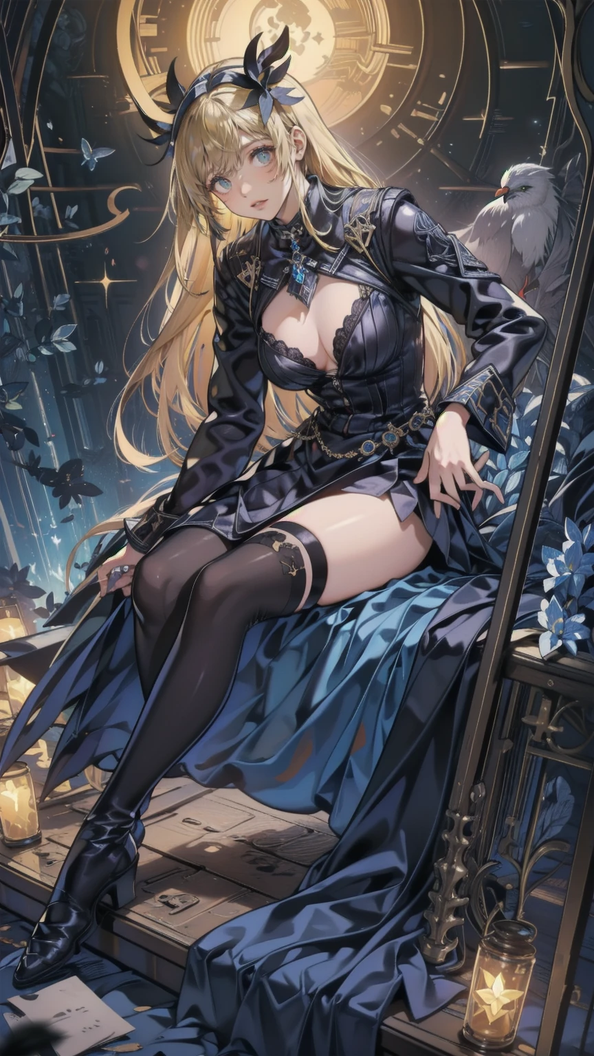  Attention to Details, Best Quality, 8k, [Super detailed], masterpiece, Best Quality, ( very detailed),  Dynamic Angle, Ultra Wide Angleショット, Realistic,  dark fantasy art, Gothic art,  Dark RPG Art , Realistic芸術, 女性の人間の聖職者のUltra Wide Angle写真, Grab the gun,  Blue Light from the Symbols ,  Black Leather Suit  , Starred  ( intense detail , masterpiece,  maximum details: 1.5),  High Heel Boots ,  sacred symbol for casting spells,  White Magic Mark  ( intense detail , masterpiece,  maximum details: 1.5),  Stars and Moon Symbols ,  Moonlight Attention to Details , blonde ( intense detail , masterpiece,  maximum details: 1.5), Long Hair, Braided Hair,  smaller, Strong Eyes, green eyes,  Moon and star background  , ((  Goth Worship Vibe )), moon light  Attention to Details, Best Quality,  high definition, Ultra Wide Angle