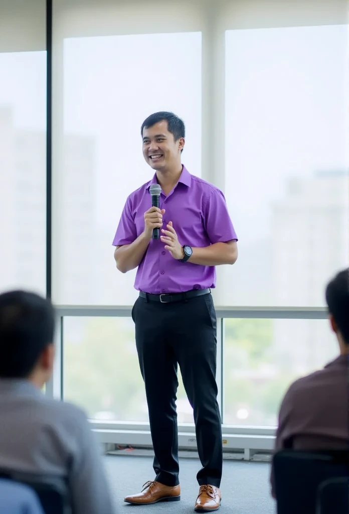 A big Thai young man wearing a purple shirt, black slacks, leather shoes, acting happy, standing with a mic speaking in front of the conference room, personality looks good.