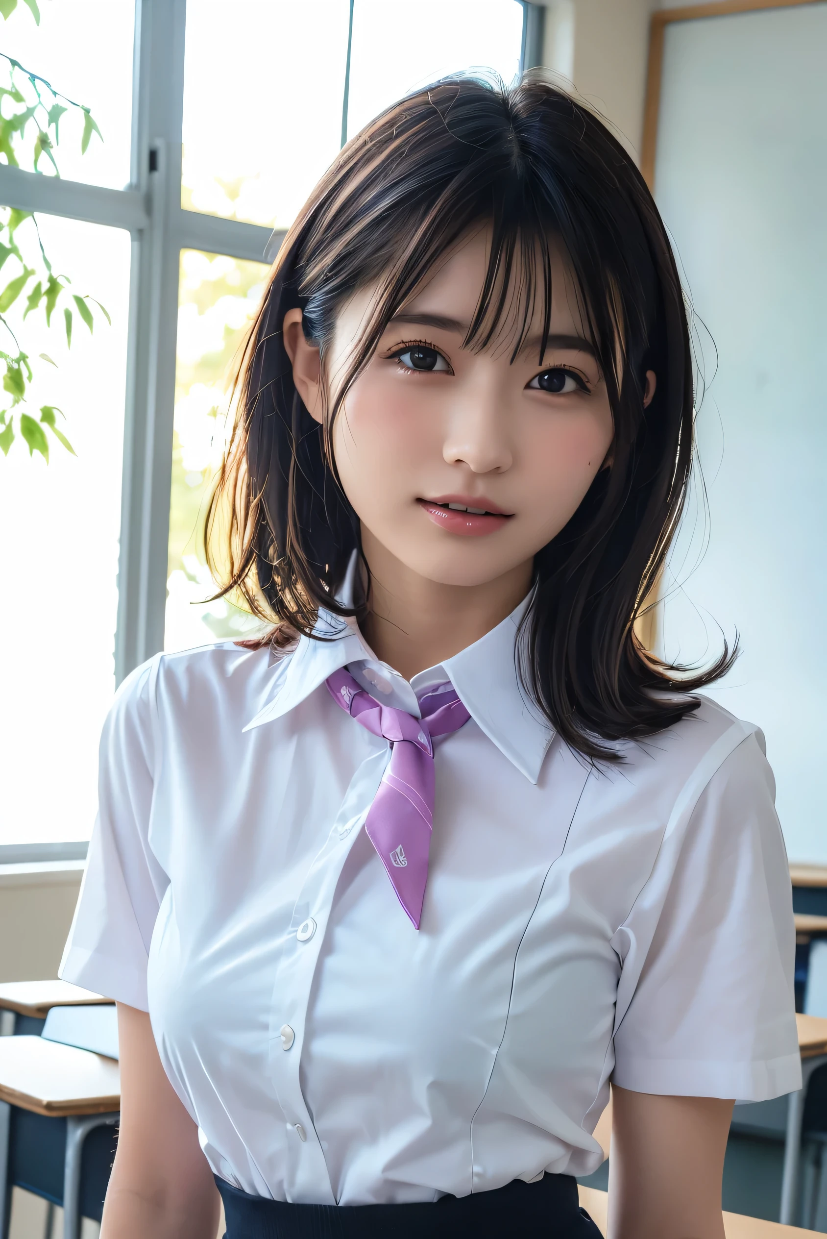 Japan schoolgirl uniform、Very huge hidden under a white collared button shirt that gets wet and sticks to the skin、pleatedskirt、knee high socks、