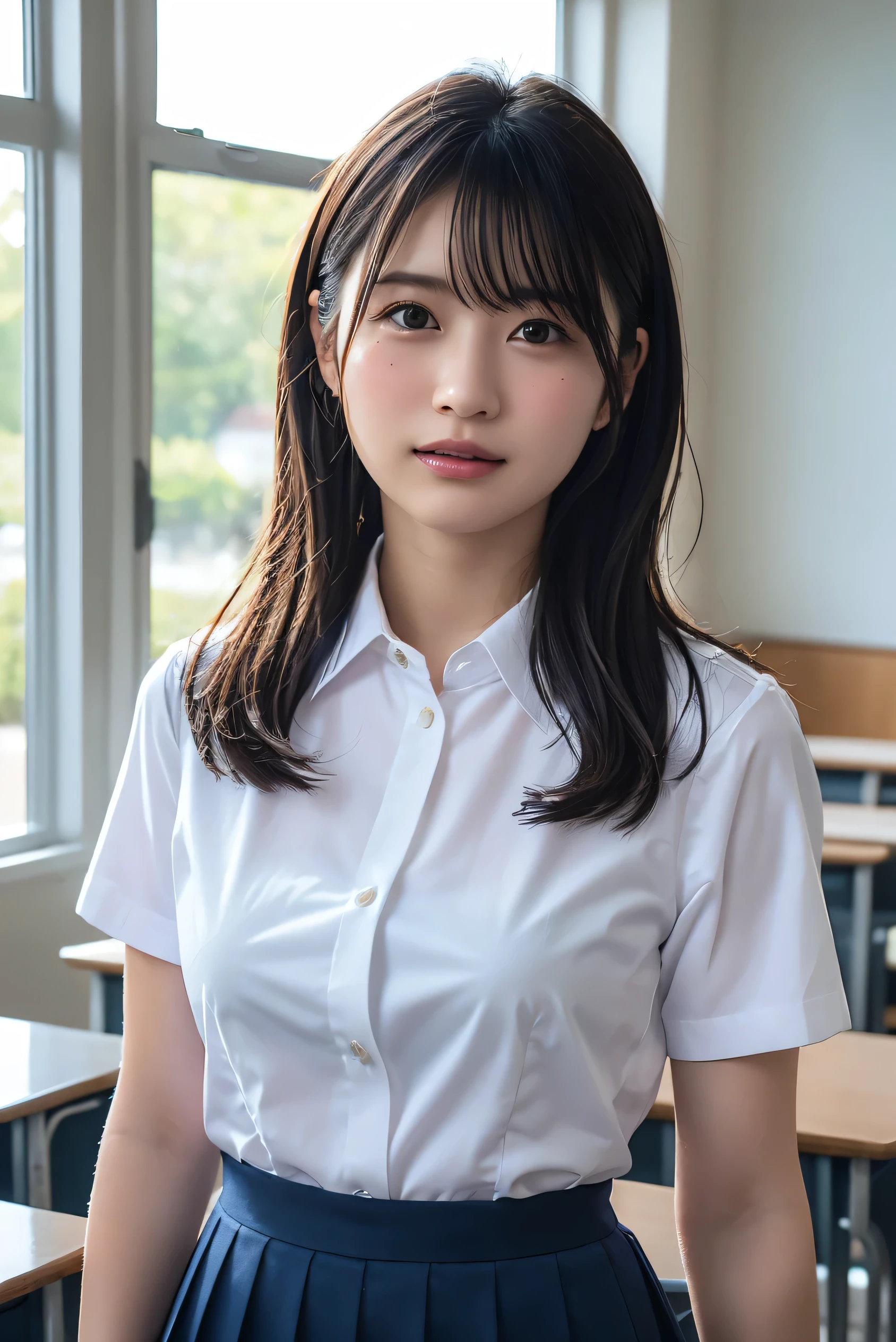 (Highest quality:1.4),(masterpiece:1.4),(Realistic:1.4),(Realistic:1.2),(超High resolution, RAW Photos:1.4),(High resolution, Very detailed:1.2),(8k:1.2),photograph,a photo of a dark-haired,Long Hair,One Girl,alone,(White shirt),Big Breasts,((Upper Body:1.3))