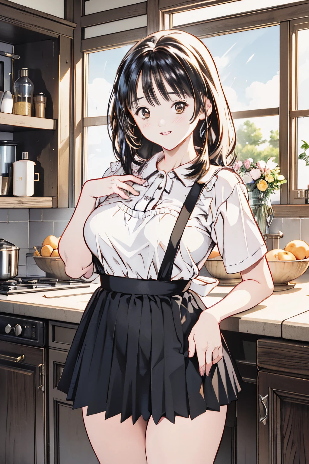 (8k、Realistic、RAW photo、Best Quality: 1.3)、（real skin）,beautiful expression、 ultra high resolution、 soft、 plump ,Curvy , beautiful細部までこだわった顔,( one girl playing pranks,  Long Black Hair),beautiful、魅力的で非Realistic,Honey, anime girl ,Pixiv, , Fascinating  anime girl ,  playful anime style , Iori Ashiduki,  big breasts at the temple, Honey,   glossy lips , 滑らかな ponytailの長い髪,  ponytail、beautiful手, 黒いapron、Honey、background:  kitchen、 evening , ( big breasts at the temple,  juicy thighs,  Attractive Thighs), (  White Collar Blouse , shirt,Perfect Contrapposto Pose,  embarrassing, ( is standing), (:1.3) , plump body , apron, black pleated skirt、(Shy、smile)、Wedding Rings、newlywed life、