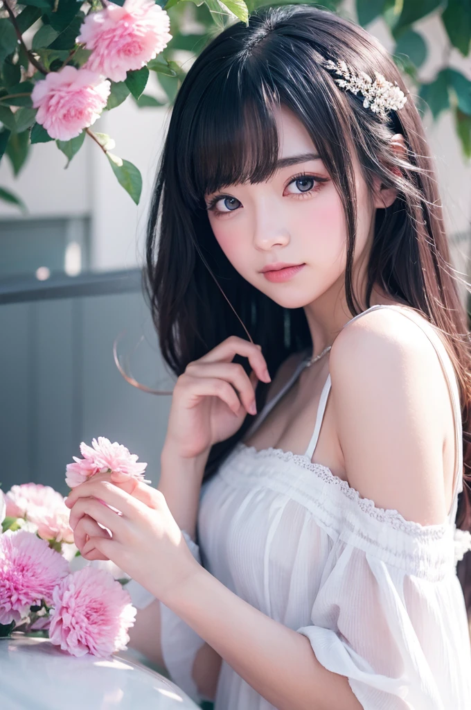 masterpice, (best quality), ((best detailed)), depth of field, a beautiful girl, beautiful face, nature, spirit, blossom, colorful landscape, flowers, butterflys, glowing dress, elements