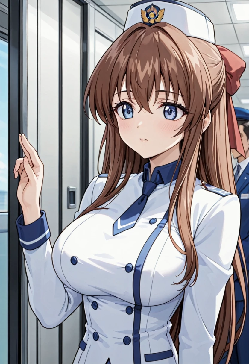 masterpiece, best quality, good quality, KanzakiAoi , KanzakiAoi, KanzakiAoi, 1girl, solo, long hair, brown hair, blue eyes, large breasts, hair ribbon, flight attendant costume,