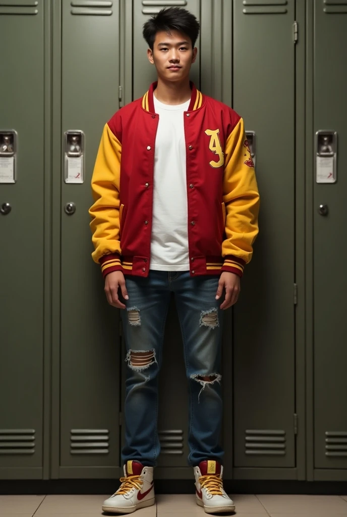 Prom 2025 jacket for American-style school with red colors, black and beige