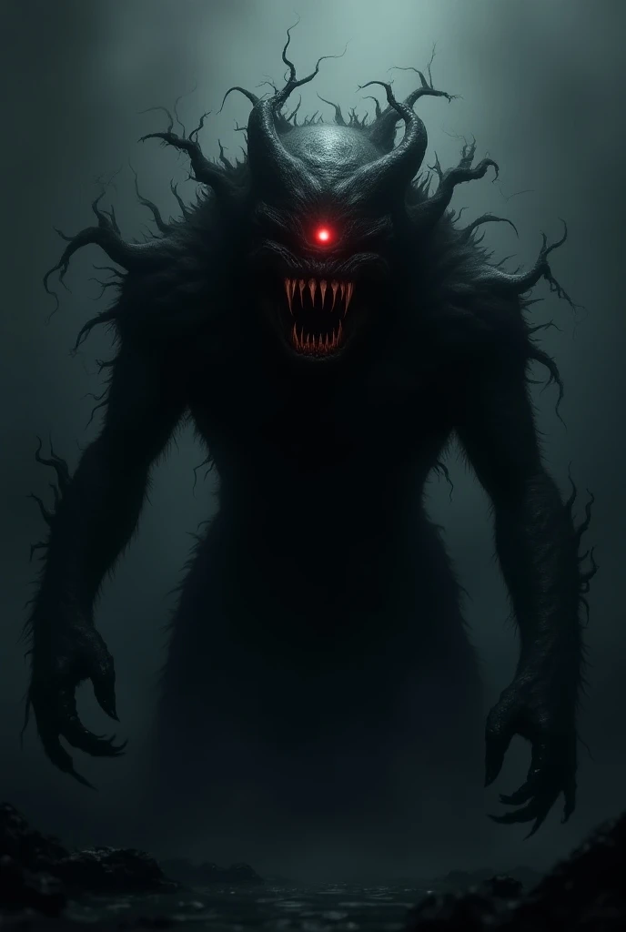 Generate a horrifying image of Kage no Chi Oni, a bloodthirsty demon that emerges from the shadows. It hides within shadows, striking its prey in an instant. The setting should be a dark, shadow-filled forest or a shadowy, cursed village, highlighting its stealthy and terrifying nature.





