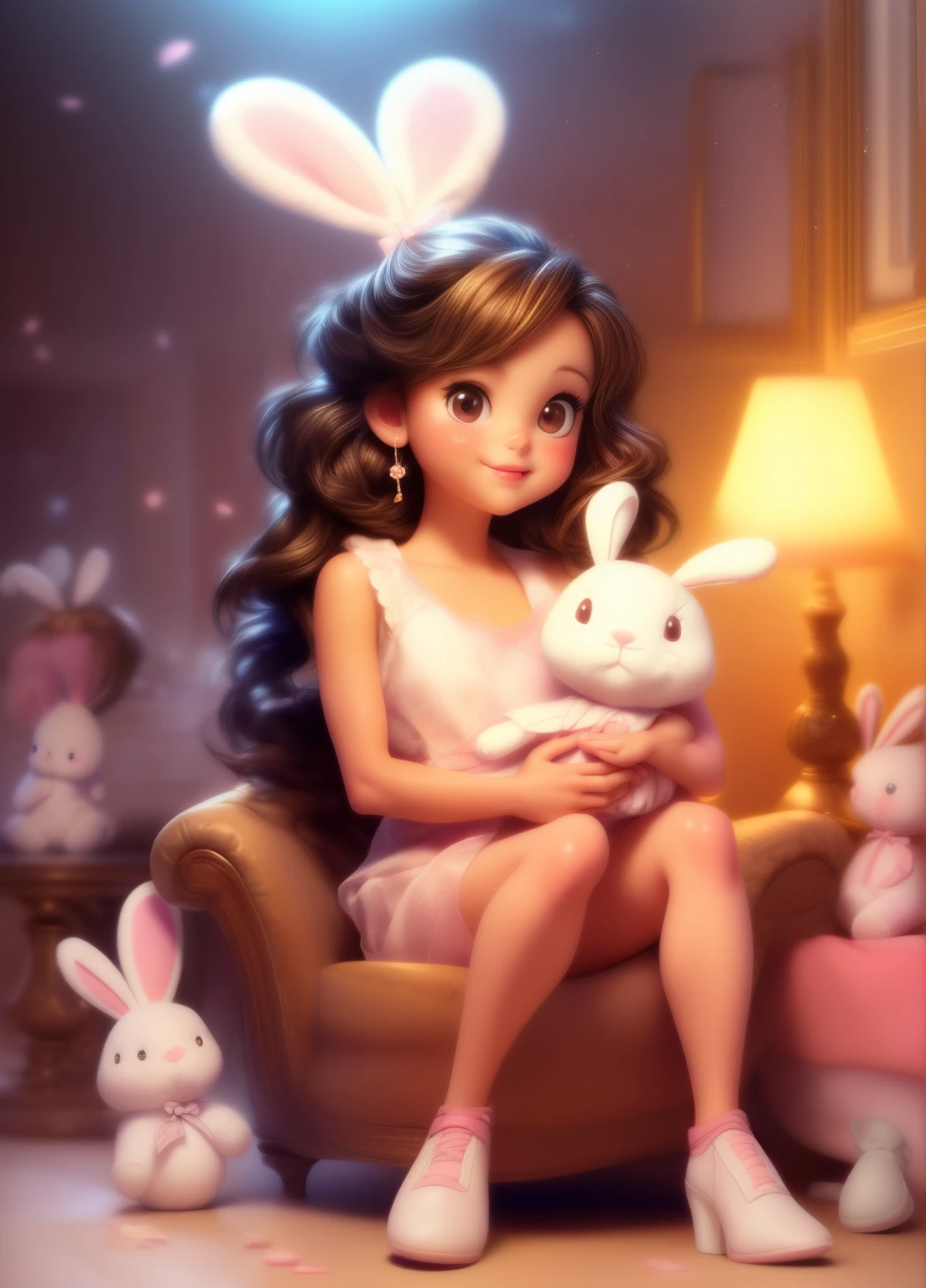 cute girl, beautiful girl, adorable girl, stuffed bunny, white stuffed bunny, soft stuffed bunny, girl hugging stuffed bunny, girl cuddling stuffed bunny, girl holding stuffed bunny, cute expression, happy expression, warm lighting, natural light, soft colors, pastel colors, cinematic lighting, photorealistic, highly detailed, masterpiece, 8k, cinematic quality, portrait shot