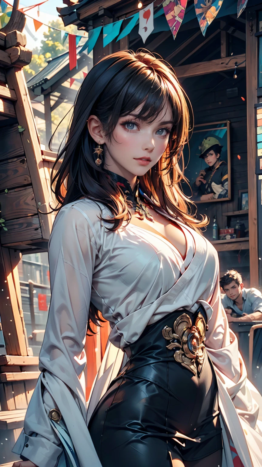 Portrait of a beautiful woman on a muddy farm:1.2 , Cowboy hat, Fringed waistcoat , pants, scarf , confidence , Mid-chest,Sexy proportions、Sexy、Narrow waist、Long eyelashes