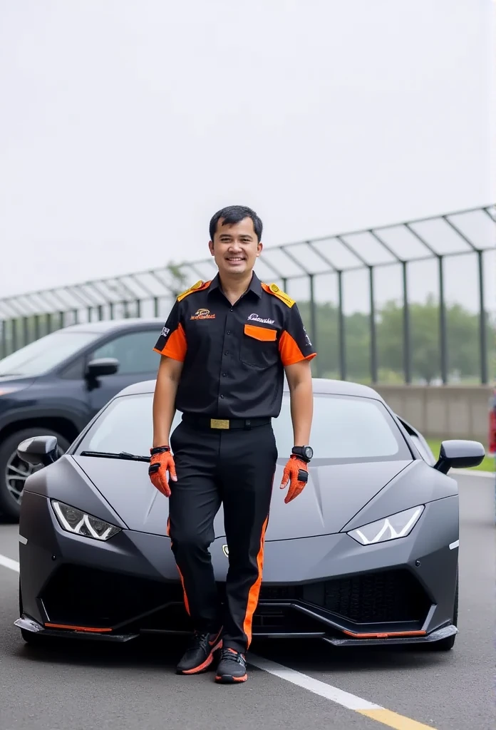 A smart Thai man , At 45 years old, he is very handsome.((Perfect face)), Height 175 cm.,Slightly chubby body, black straight hair,  a confident face ,  smiling confidently , Big muscles, Thin waist, The .  he is wearing a black and orange racing shirt .  wearing black and orange racing pants, wearing black and orange racing shoes .  muscle puppet wears racing gloves as he stands in a cool pose next to a Lamborghini Aventador LP700-4,  with his hands resting on the car .  at a Formula 1 race track 