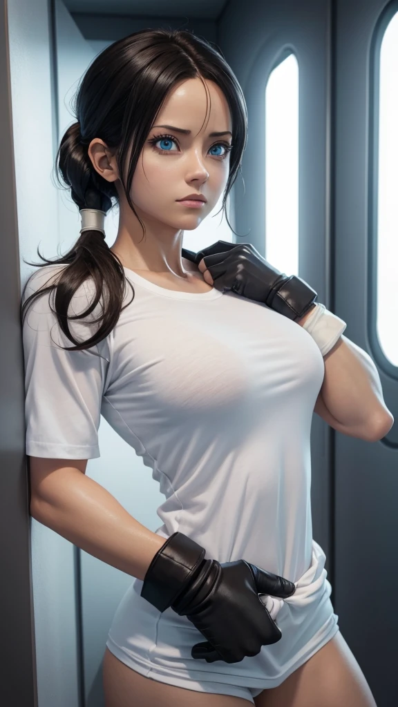 (( 1 woman alone)), (( white shirt )), Hay una 1 mujer con  white shirt  y Gloves , chell, chell from the portal, he saw, realistic cosplay, he saw , Hyperrealistic anime, Realistic 3D Anime, he saw, Photorealistic perfect body, muscle sweat, ((Gloves)),