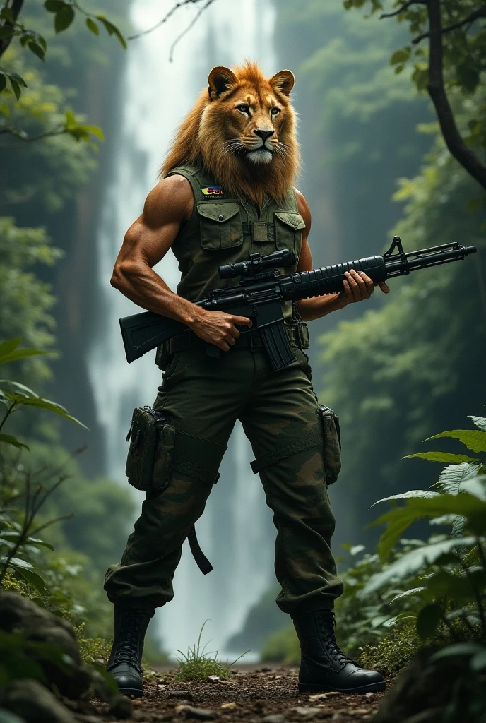 Lion is wearing American military modern equipment and Vest , has a humanoid form, holding the m4a4 gun. In the photo, he is not visible from the waist down, the background is blurred and there is a green special forces/SWAT vehicle in the background.  The atmosphere is foggy.  There are tall gray and muffled buildings in the background