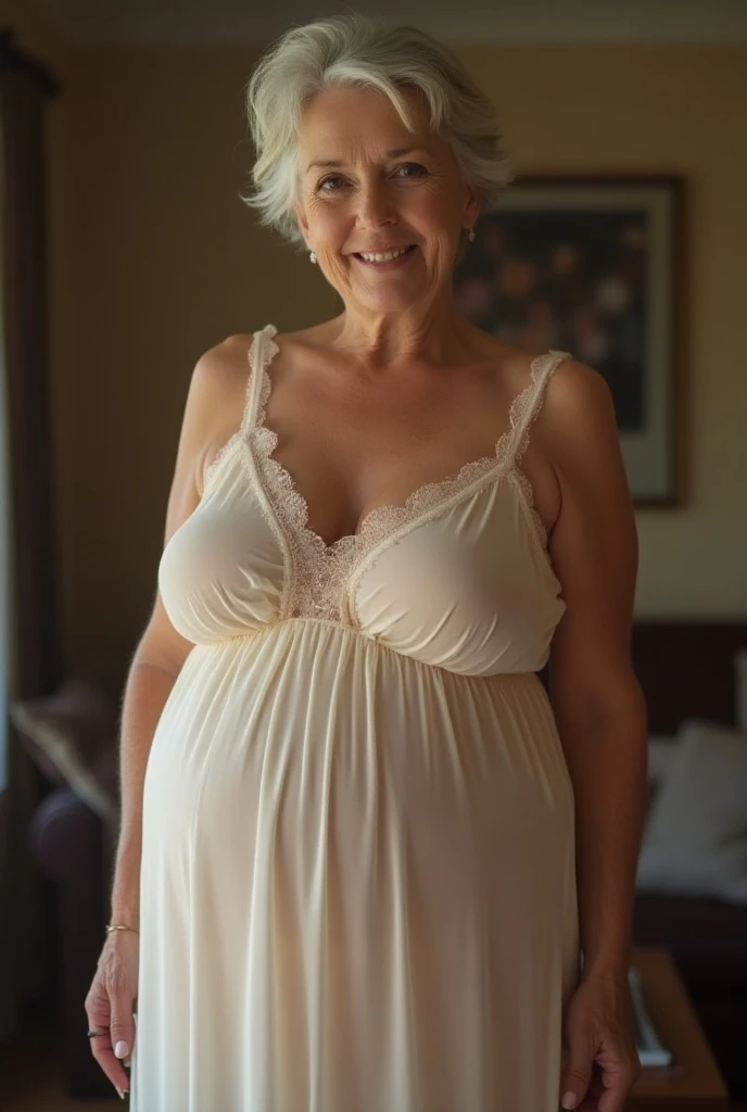 Betty White, old woman, (90 years old), wrinkles, detailed skin, ((pregnant)), nightgown, (deep cleavage), kneeling in bed