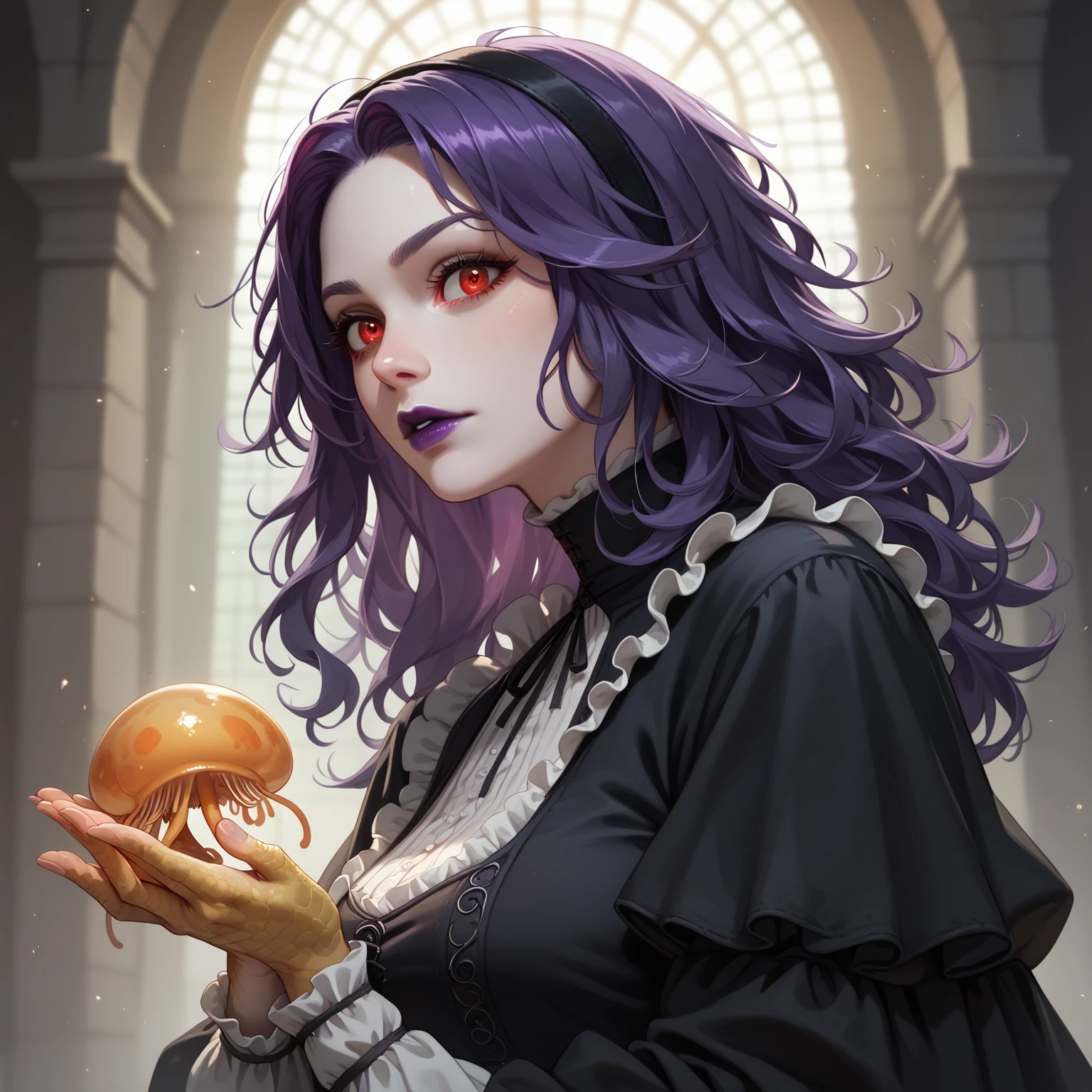 woman, Jellyfish, (Medieval feudal period:1.1), Slavic appearance , (  long straight purple hair gradation pro red ), (red eyes), (Strong expression), Purple lipstick,  white skin, ( Black Gothic Clothes with Red Details :1.1), Yellow scales on hands,   cinematic lighting,   Mysterious vibe  ,  Dynamic Focus , ultra Genuineity, ultra Genuineistic,   Soft Lower Lashes , Genuine, Genuine texture:1.1, Genuineistic clothes:1.1, 8k Maniac,   absurd,