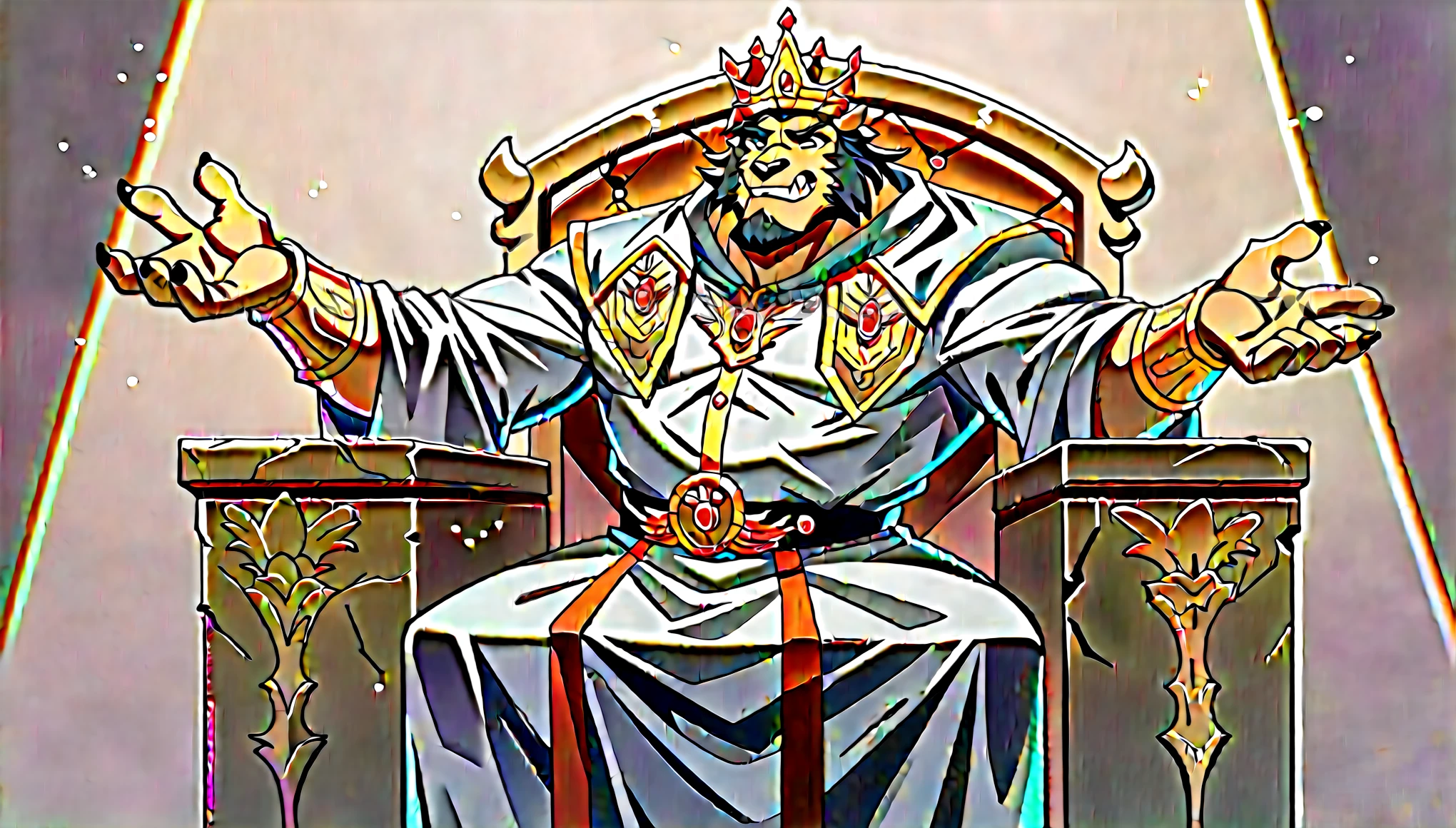 score_9, score_8_up, score_7_up, score_6_up, ultrawide shot, throne room, dark, epic dark fantasy art of a corrupt fat king sitting on a throne, sadistic, evil, smile, mencaing, naughty, 1boy, solo, old man, fat man, royal clothes, crown, huge penis, hairy, body hair, pubic hair, ((from below))