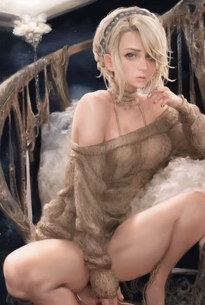 fantasy oil painting, portrait of an 18-year-old short curly blonde peasant girl, cute face (extremely Skinny Body:1.2) (flat chest:1.2) underfed, dirty medieval brown cloth mini dress, showing one nipple, ahegao face, sweaty, 8K Ultra realista, kneeling in a barn, night, style by Frank Farzetta