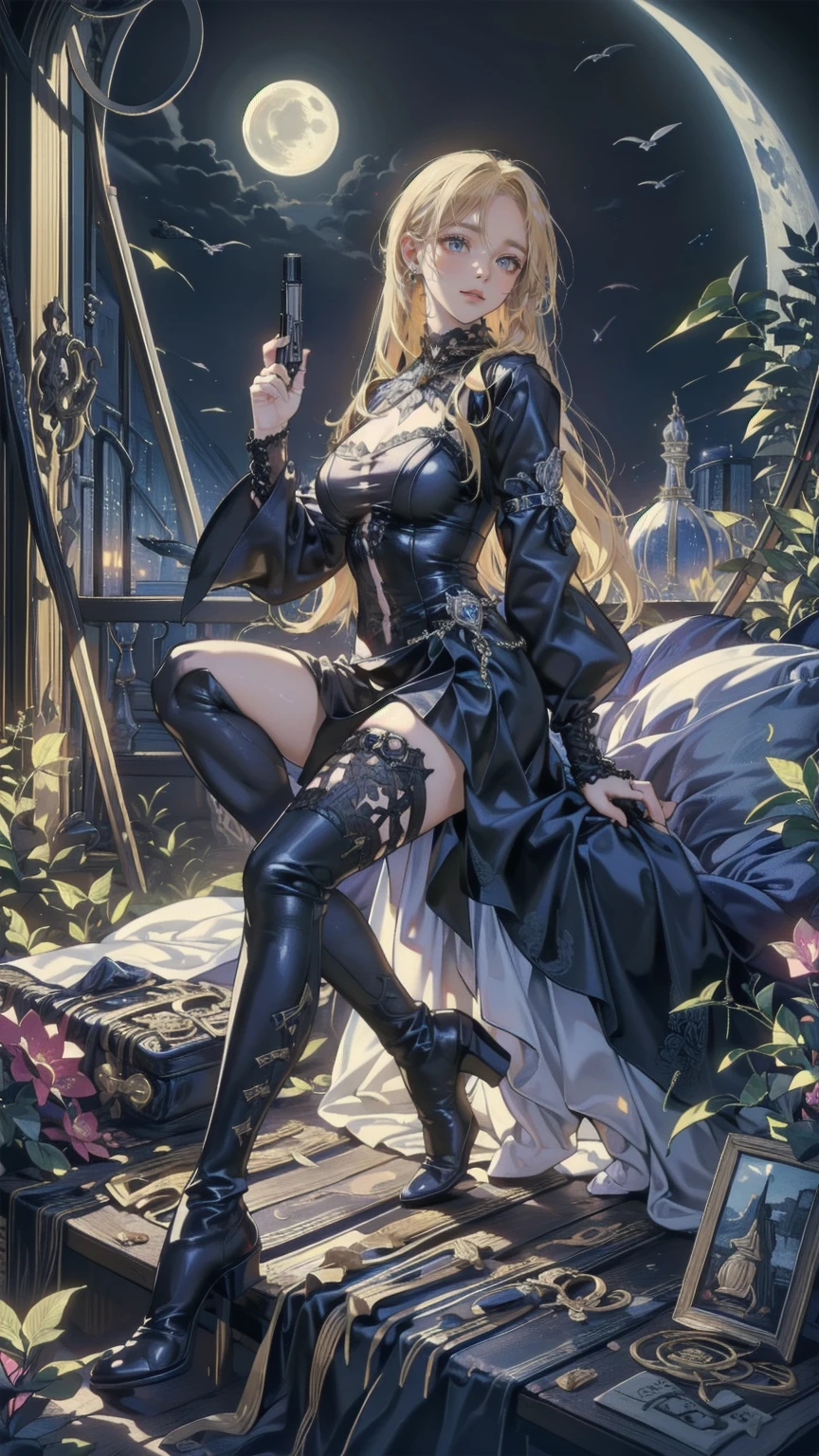 James Montgomery Flagg, Hector Garrido, Surreal, mysterious, strange, fantastical, fantasy, Sci-fi, Japanese anime, Victorian, iron, glass, and evolutionary theory, blonde miniskirt beautiful girl Alice, perfect voluminous body, detailed masterpiece