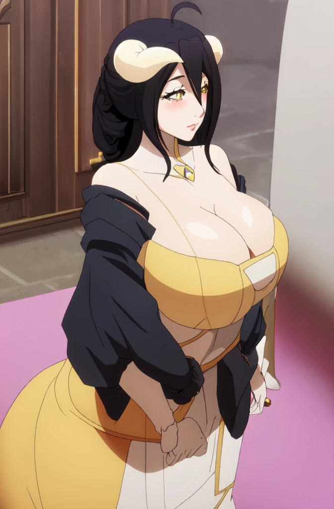 Albedo,Overlord,Big breast,busty and sultry,Cleavage,corset dress,Enchanced big breast,eyeshadow,lipstic,Curvy figure,Jewel earring,thin long sleeve Purple dress,((golden colored eyes)),((cat eye)),jewel necklace,long nail,((Diamond wedding ring)),light blush,Detailed accesories,Gold colored hair,Strapless,Thin eyebrow,Shoulder cloth,symetrical cut bang hair,long gown,Updo hair bun,Hair bun style,Nape visible,Short hair