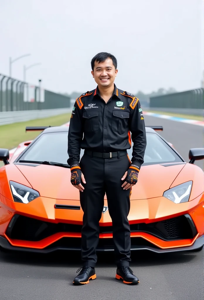 A smart Thai man , At 45 years old, he is very handsome.((Perfect face)), Height 175 cm.,Slightly chubby body, black straight hair,  a confident face ,  smiling confidently , Big muscles, Thin waist, The .  he is wearing a black and orange racing shirt .  wearing black and orange racing pants, wearing black and orange racing shoes .  muscle puppet wears racing gloves as he stands in a cool pose next to a Lamborghini Aventador LP700-4,  with his hands resting on the car .  at a Formula 1 race track 