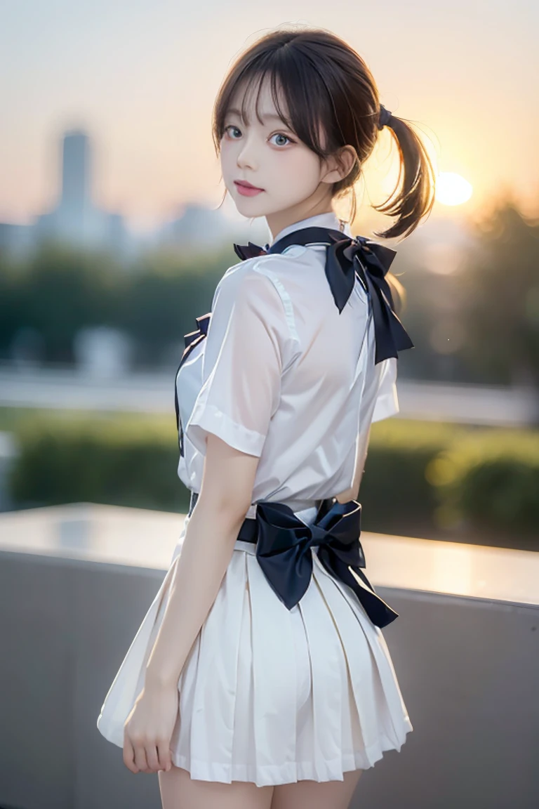 (((best quality,4k))),from back,1girl,petite,standing,high school uniform,white shirt,black skirt,bowtie,black hair,pony tail,short hair,expressionless,sunset,beech