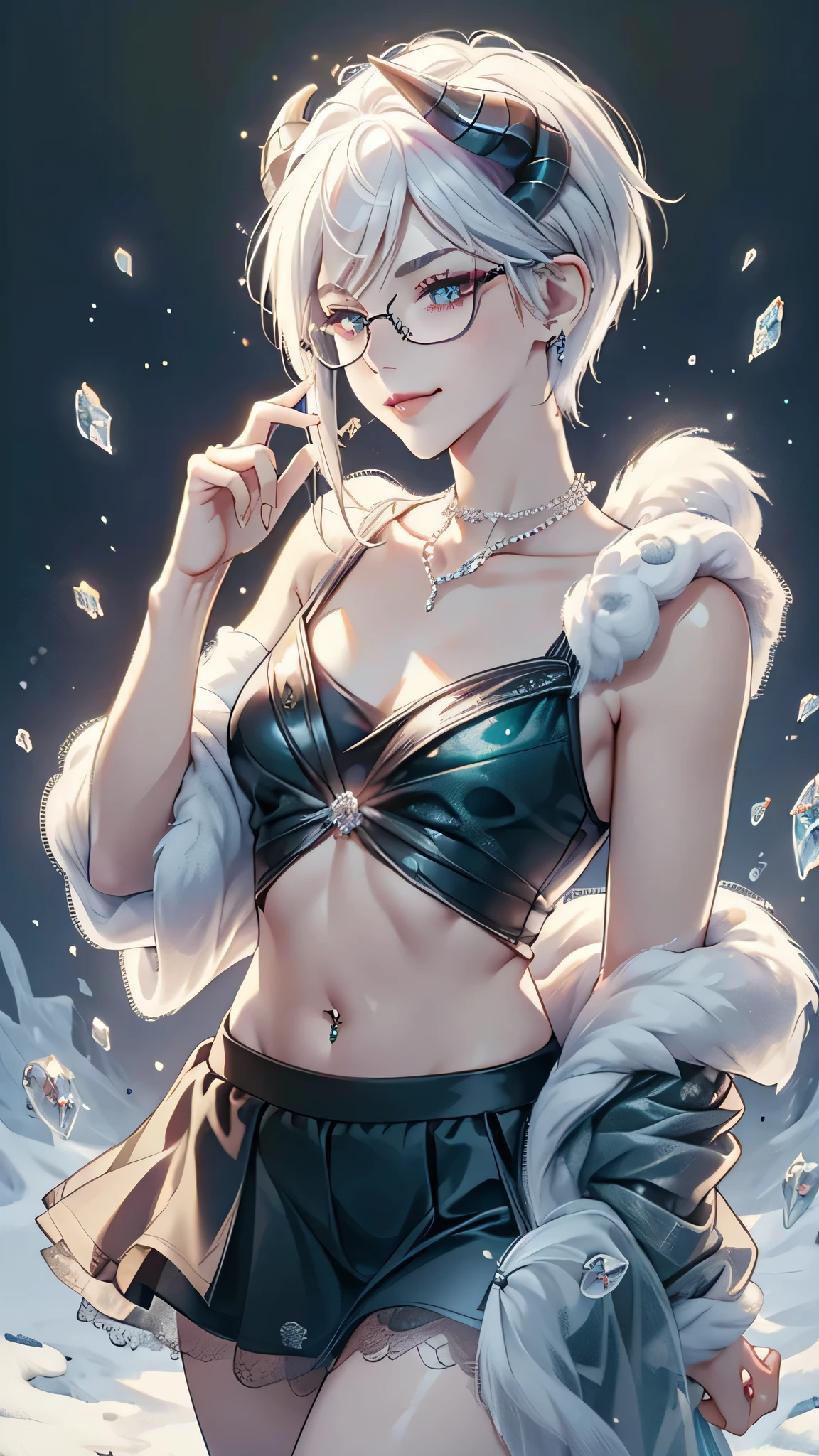 8k, masterpiece, best quality, highly detailed, 1 girl, devil, demon horns, warlock, pixie cut, white hair, multicolored hair, very short straight hair, red highlight hair on white hair, strippled hair, wearing glasses, round glasses, earrings, navel piercing, red eyeshadow, long eyelashes, blushed cheek, red lips, pearl necklace, rings, collarbone, mole on face, glamorous, teal and black clothes, sleeveless, miniskirt, laced dress, fishnet stocking, smirk, close up view, rings, looking at viewer, standing, frost, death, lich, bone, dragon in back ground, tundra.