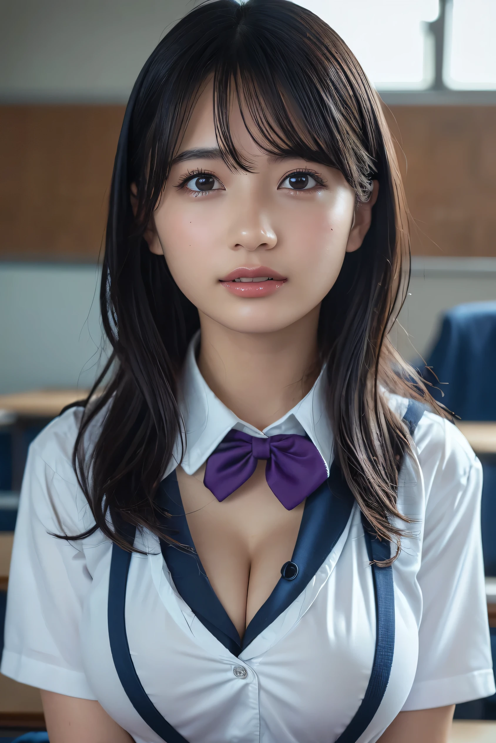 She wears the cutest high school uniform in the world、 （(1girl in:1.3))、photos realistic、Photorealsitic:1.4、Official art、ultra-detailliert、Beautiful and aesthetic、Beautiful fece、​masterpiece、top-quality、8 Head Body、Poses that sexually provoke men、Inviting eyes、an ecstatic look on one's face、the buttocks are small、Colossal tits、Chest exposed、Beautiful skins、((Brown jacket、White blouses、red bowtie、White bra、Grey checked pleated skirt、white  panties、Dark blue socks、lowfers、Girls' High School Uniform:1.5))、The cutest sleeping face in the world、The cutest gravure idol pose in the world、The most attractive body in the world、The whole body is shown、Old School Classroom、view front